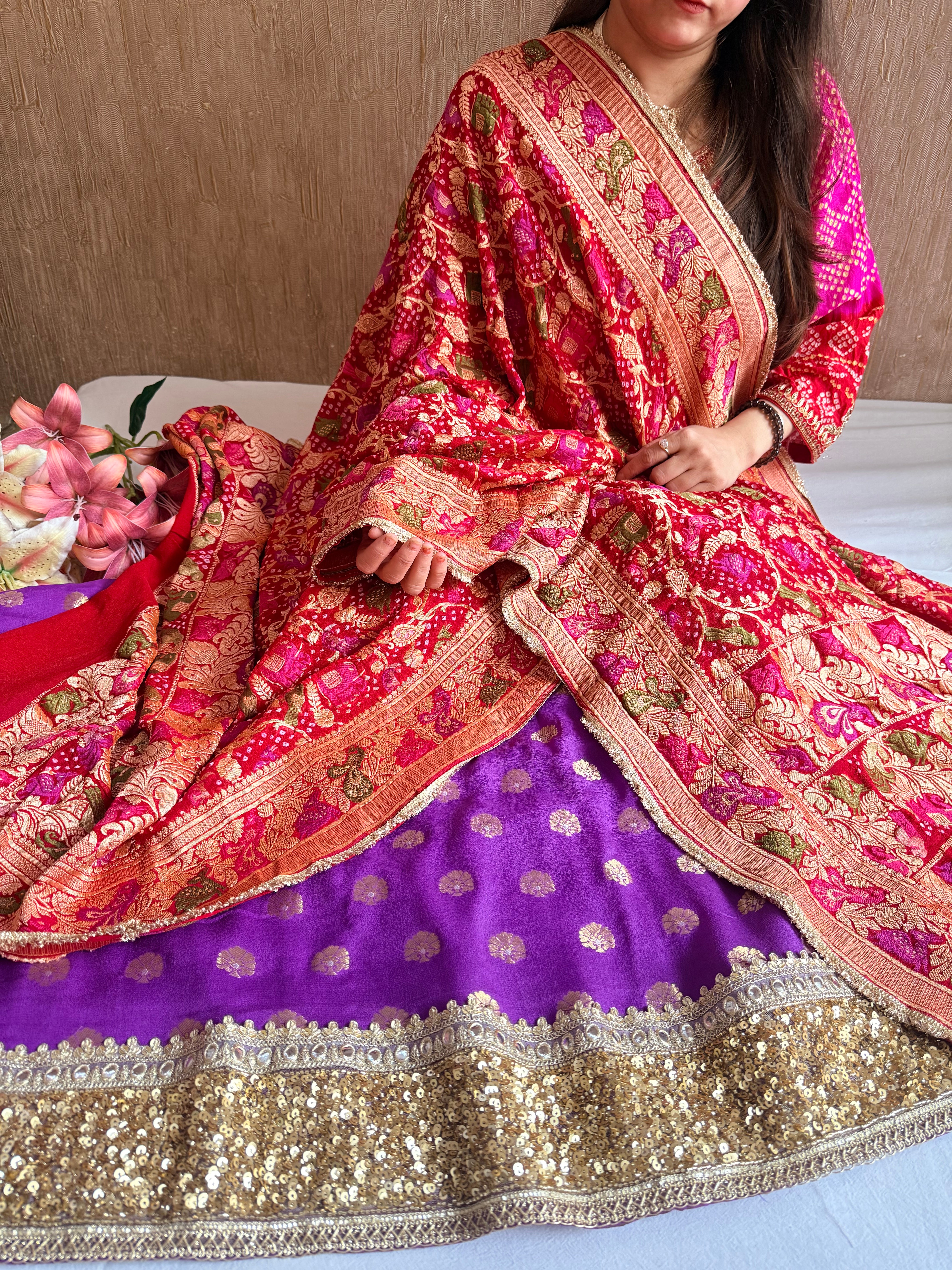 Rai bandhej chiffon gorgette sequin work hand embroidered suit set