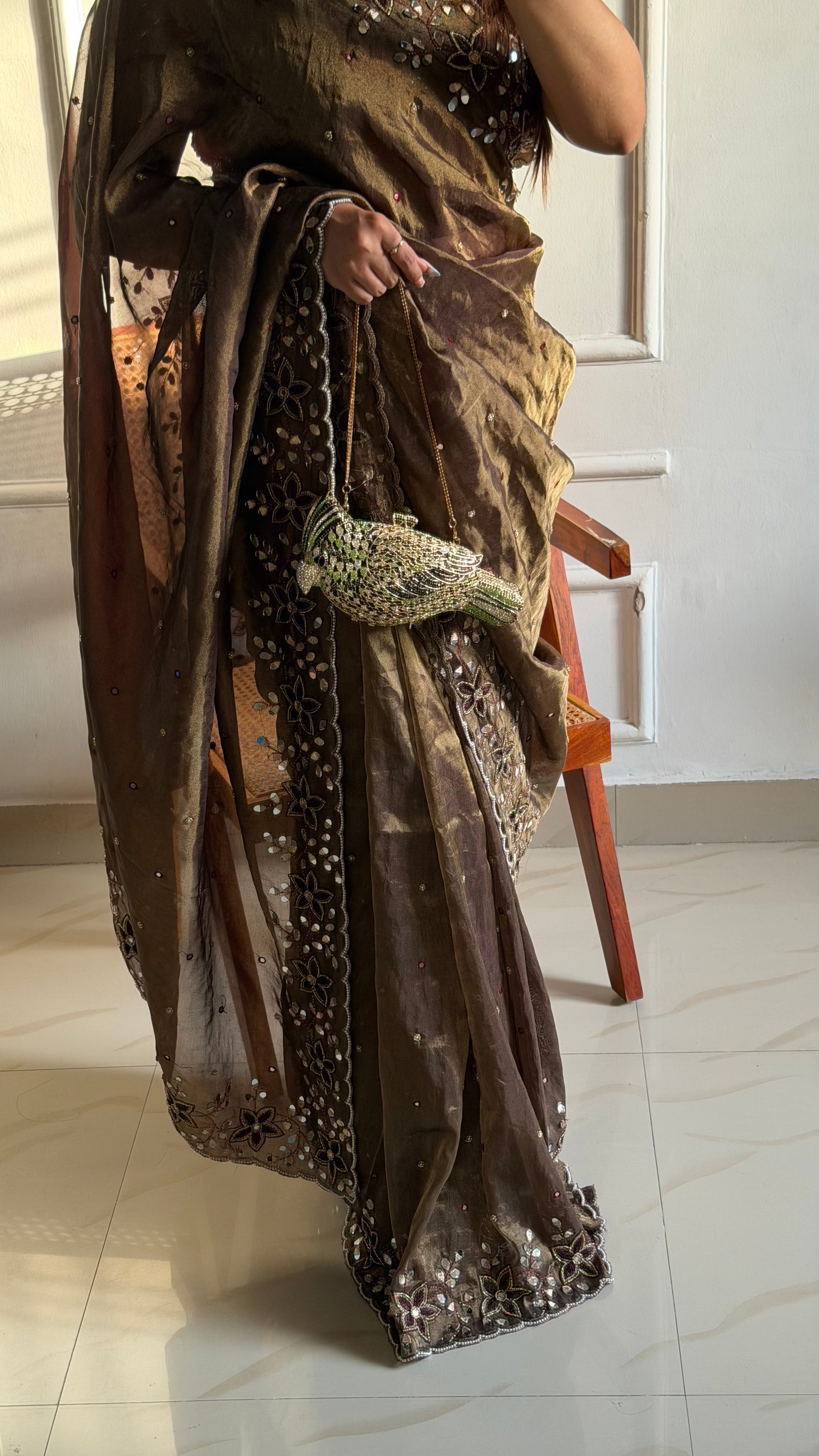 Sheesha aur moti - Chocolate brown mirrorwork and pearlwork hand embroidered saree