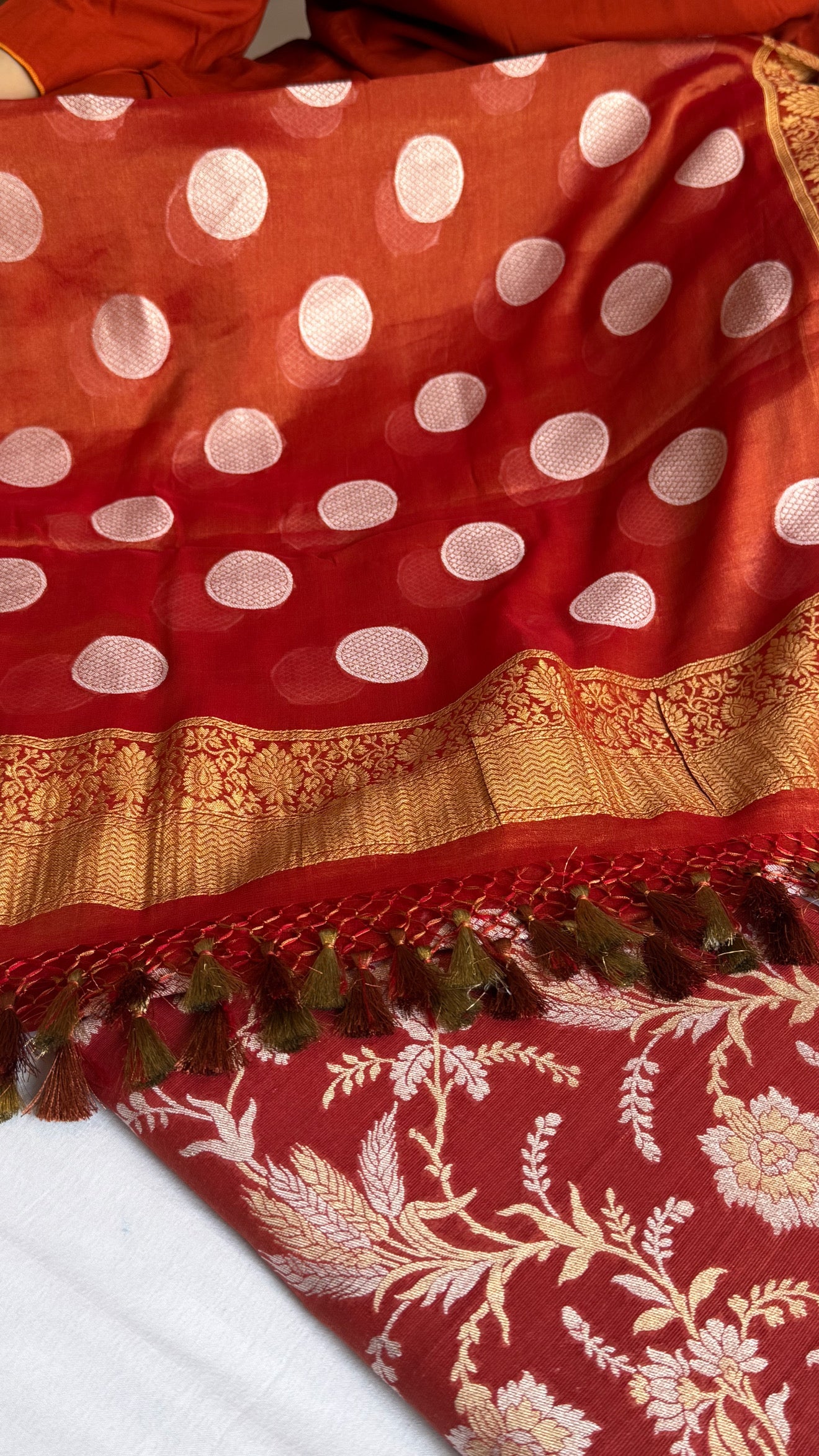 Rustic red tissue gorgette kadhwa sona rupa jungla suit set