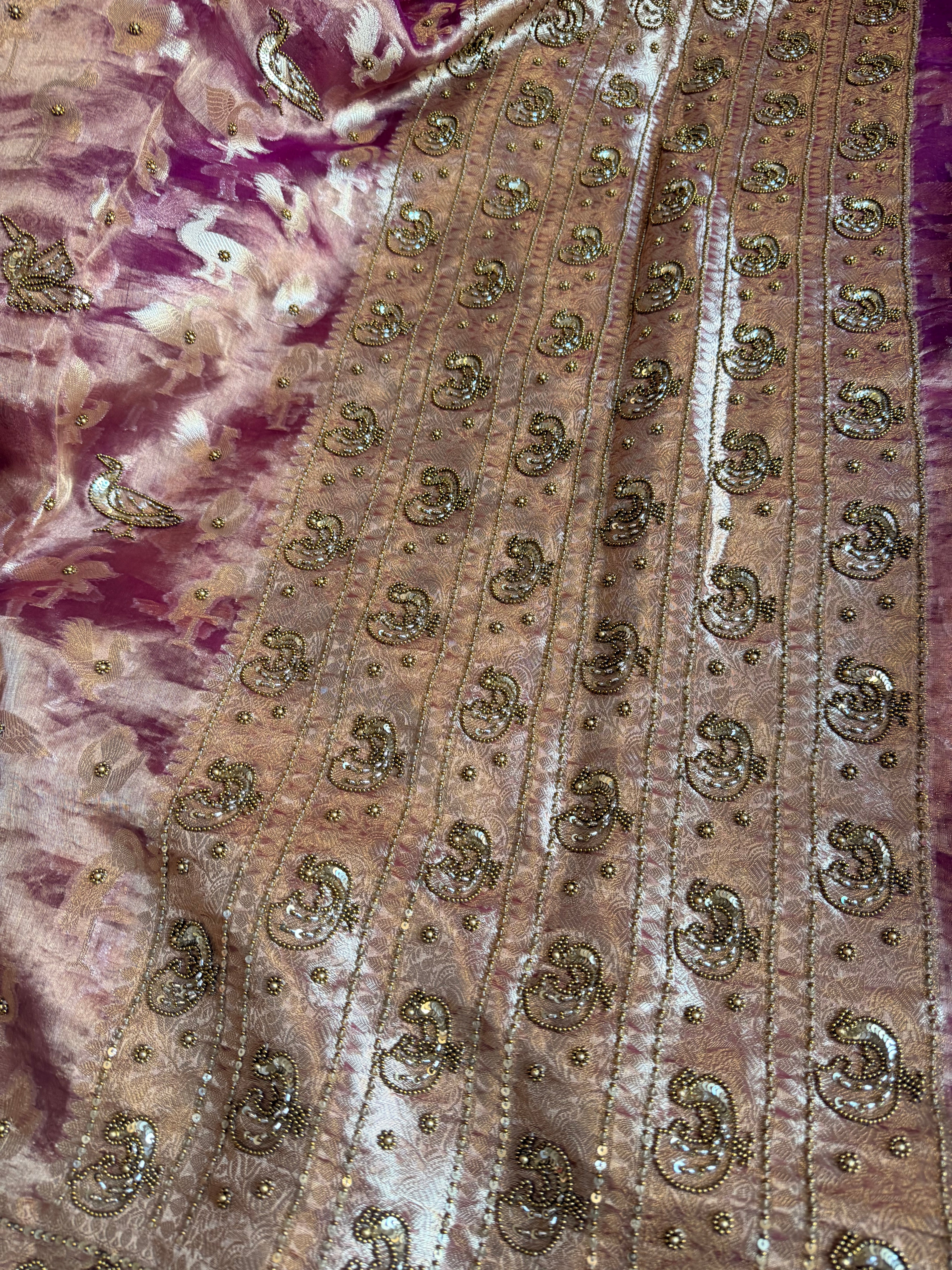 Chiraiya wali saree - Magenta purple tissue silk figure motif weaving and hand embroidered saree