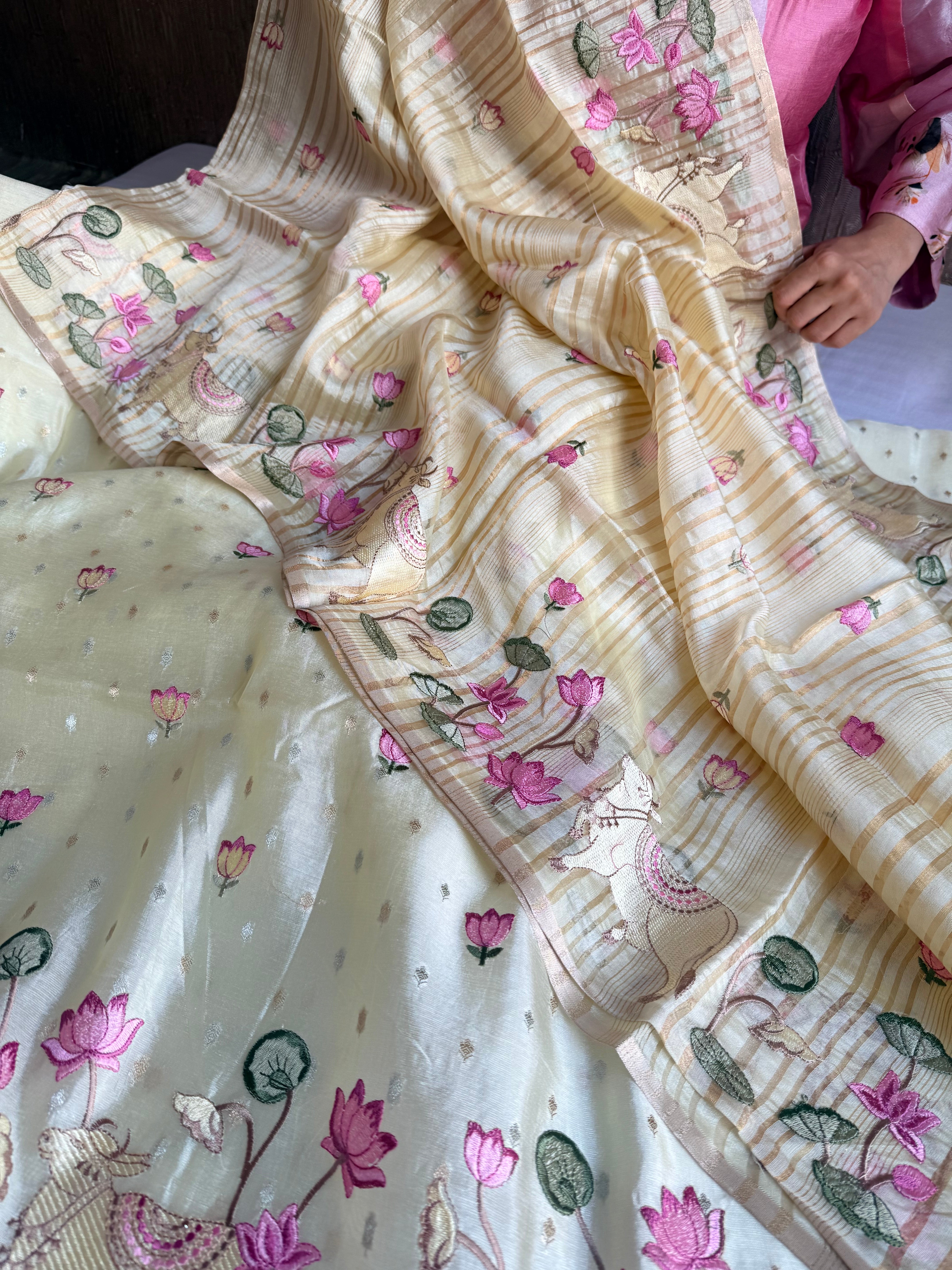 Suits under 10k - Spun chiniya silk parsi gara hand embroidered suit set