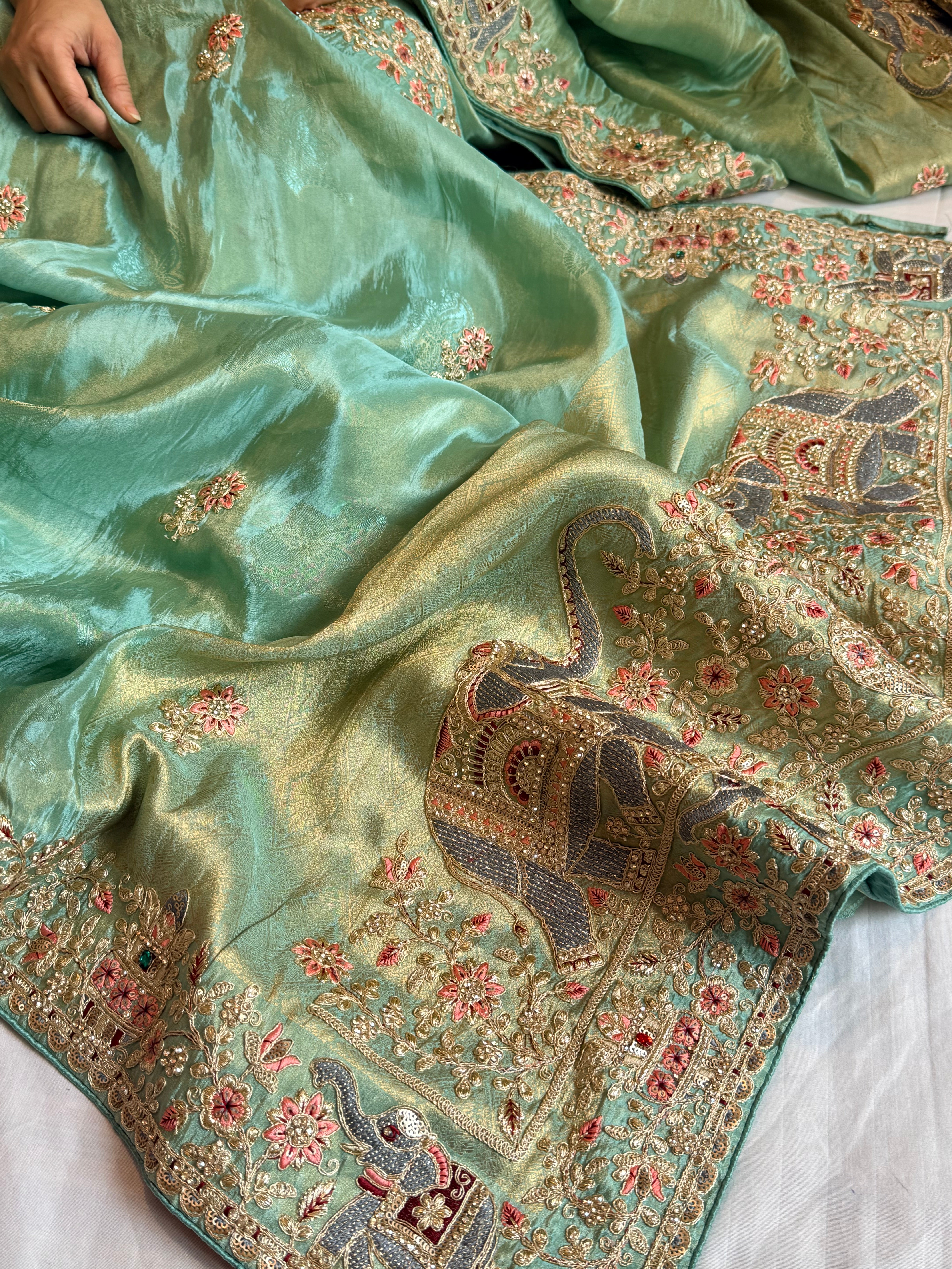 Sea blue hathi wali crepe tissue embroidered saree