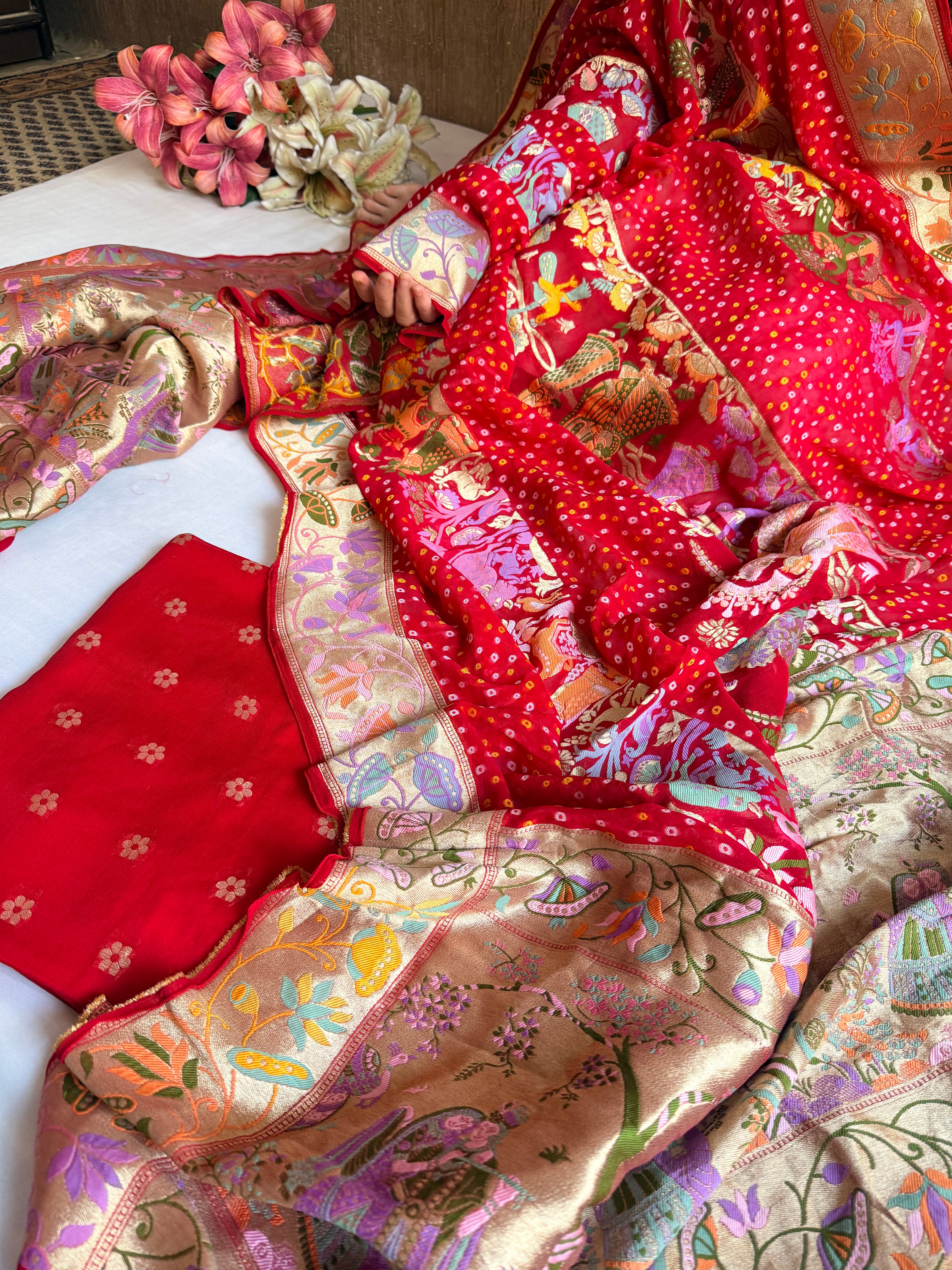 Banarasi rai bandhej radha krishna weaving gorgette kadhwa suit set