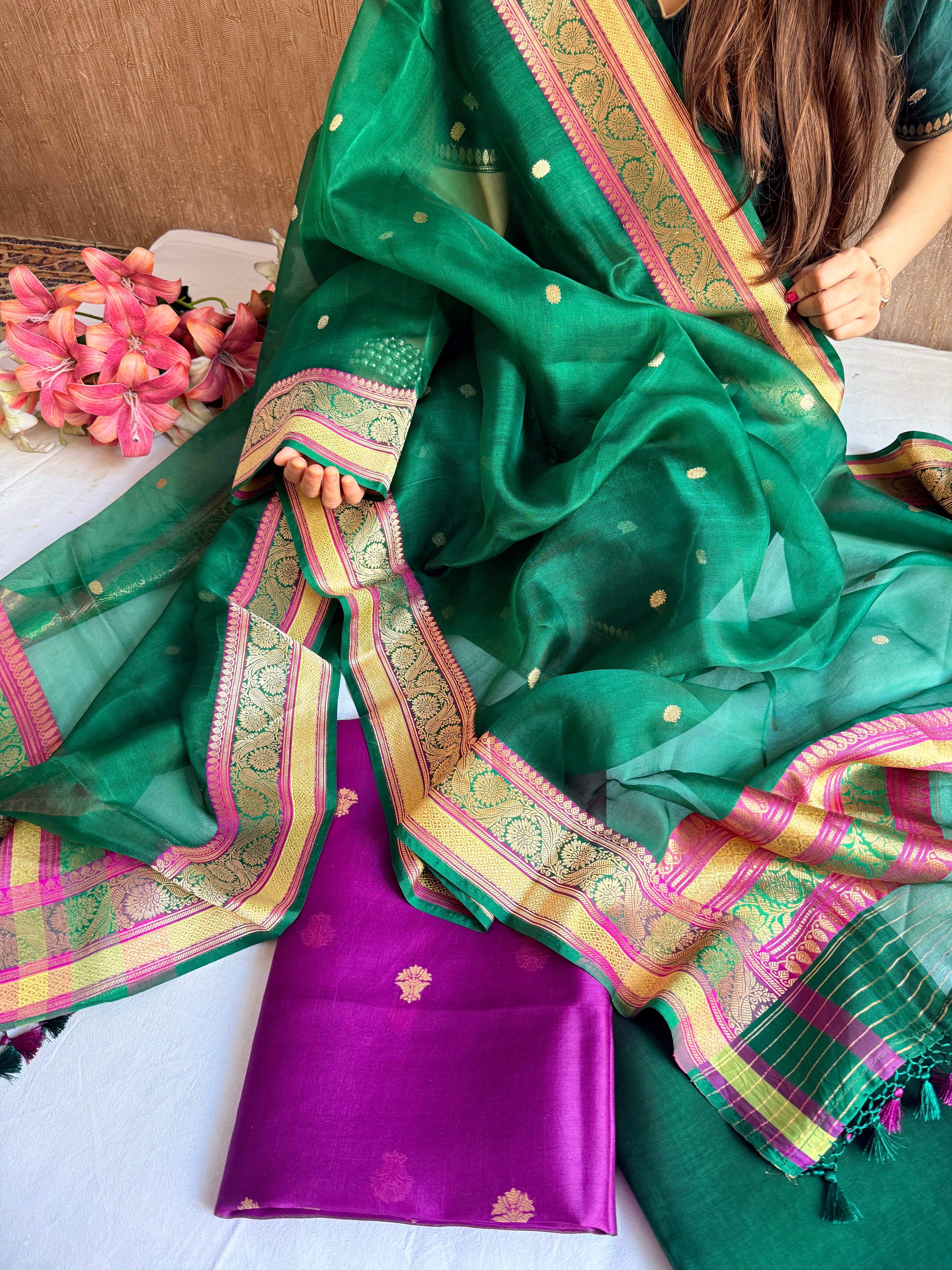 Banarasi purple-bottle green banarasi meenkari kadhwa border chap dye suits