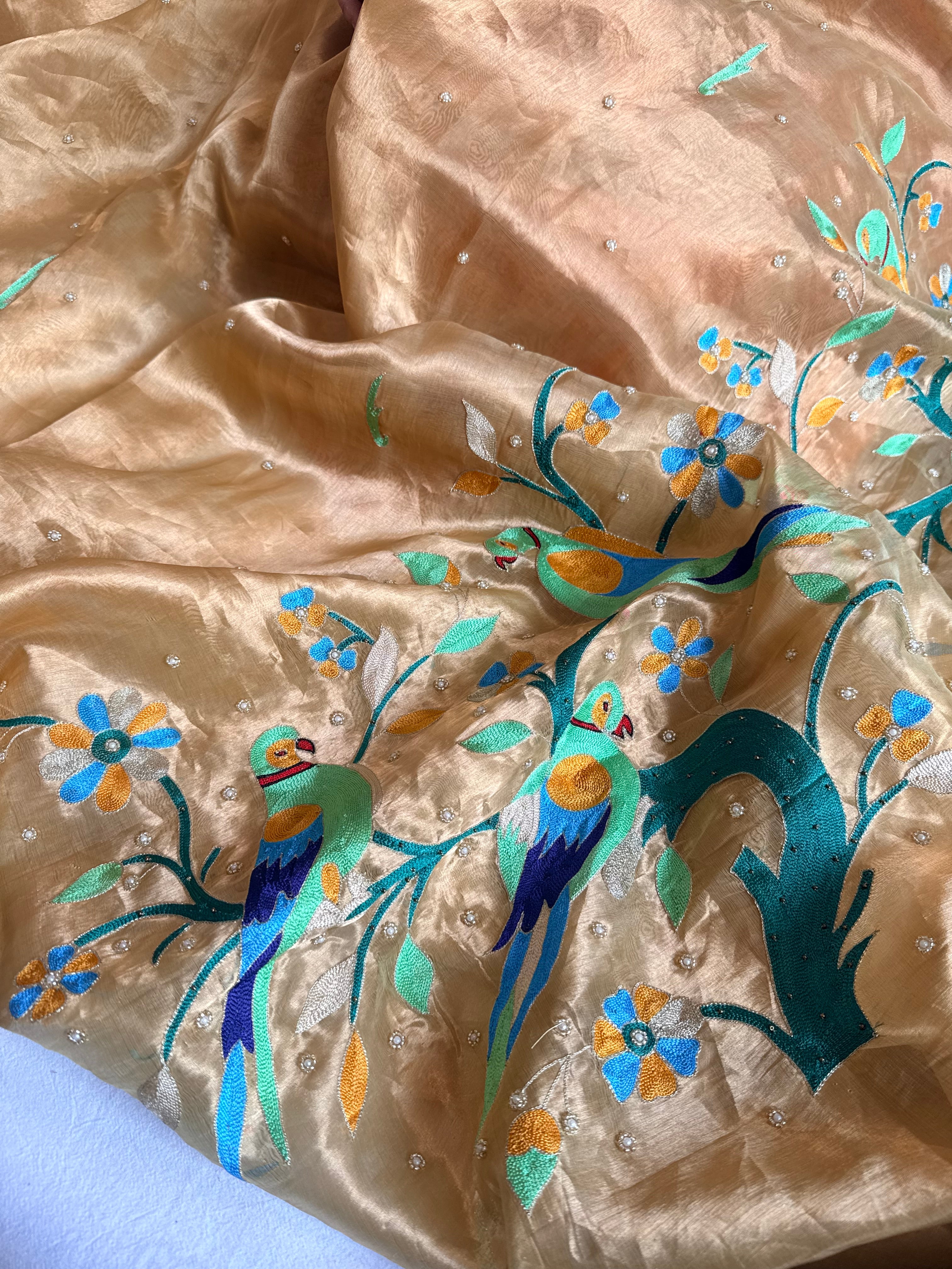Tissue silk champagne gold paithani design inspired hand embroidered saree