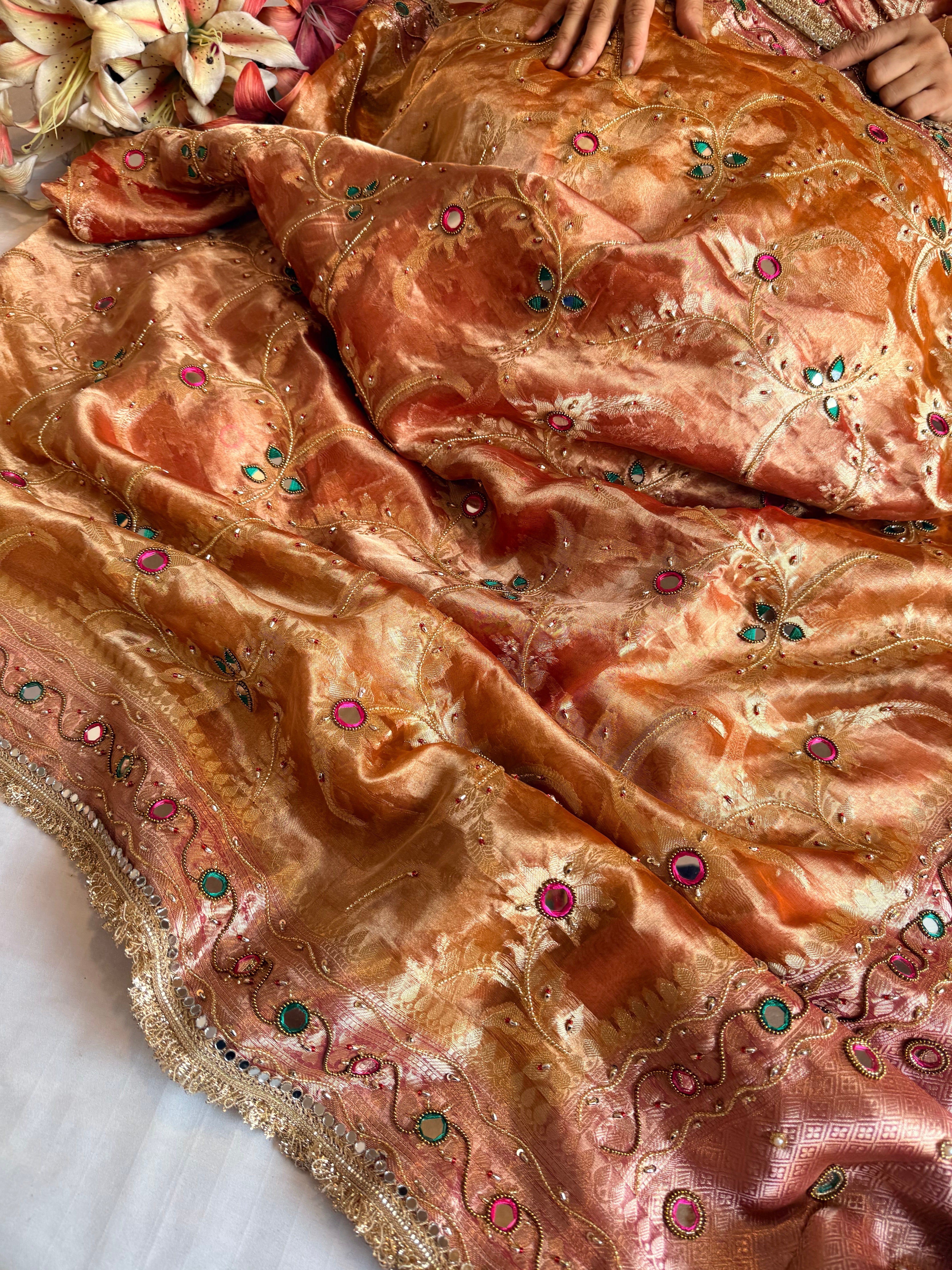 Kumkum edit tissue silk jaalwork hand embroidered saree