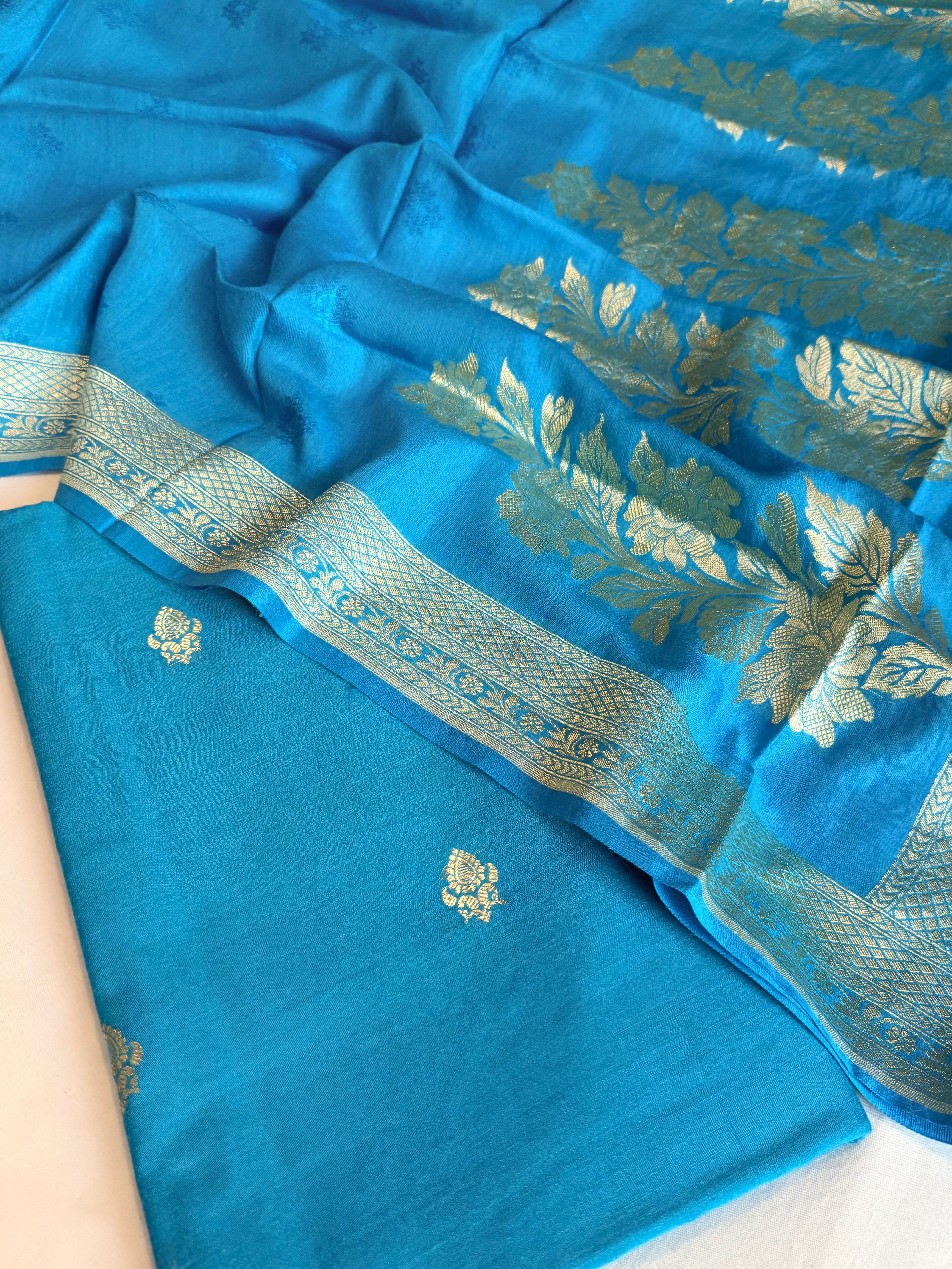 Moonga silk sea blue kadhwa jungla duppata suit set