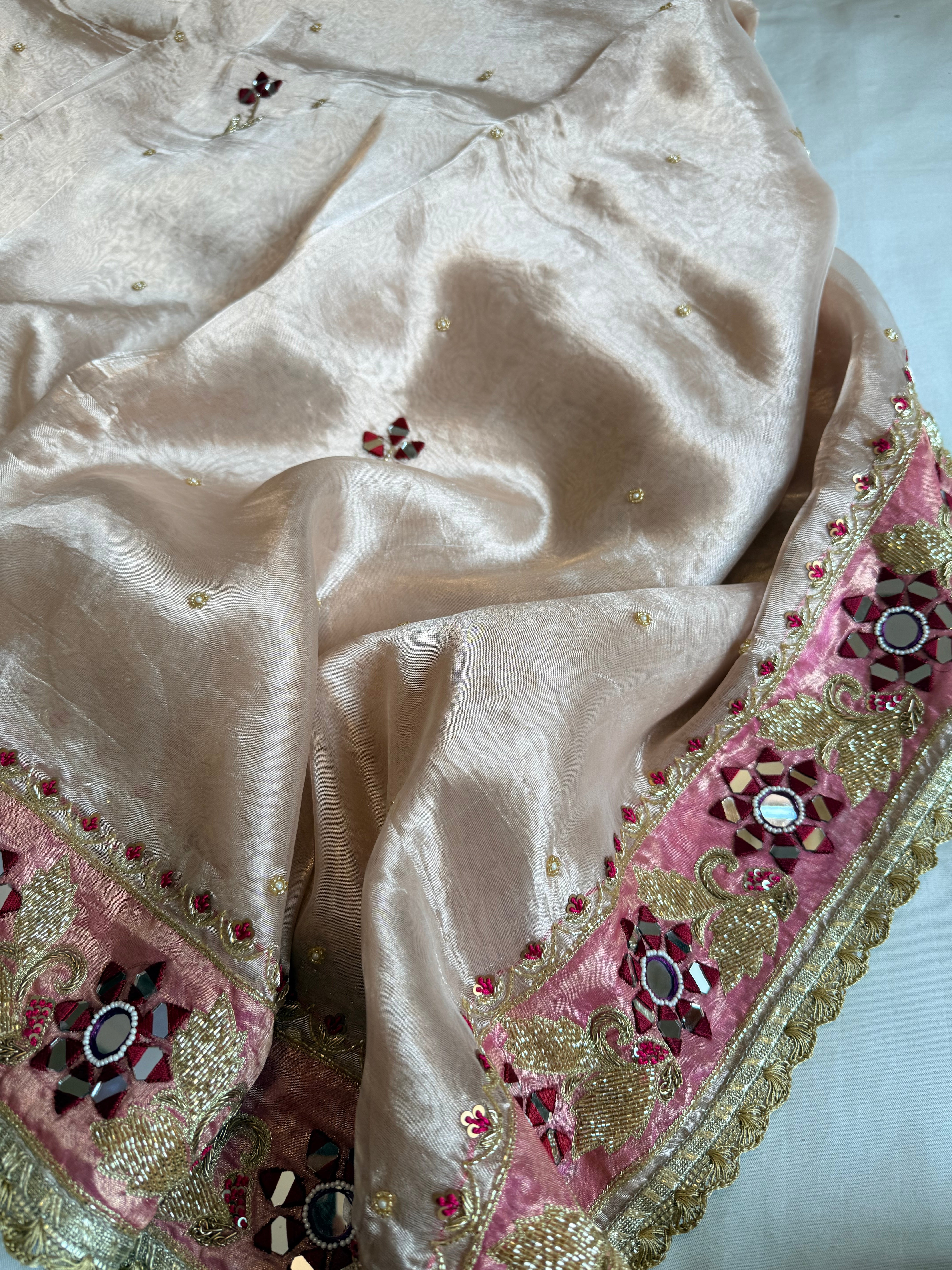 Dulhan wali saree edit copperish tissue silk hand embroidered saree