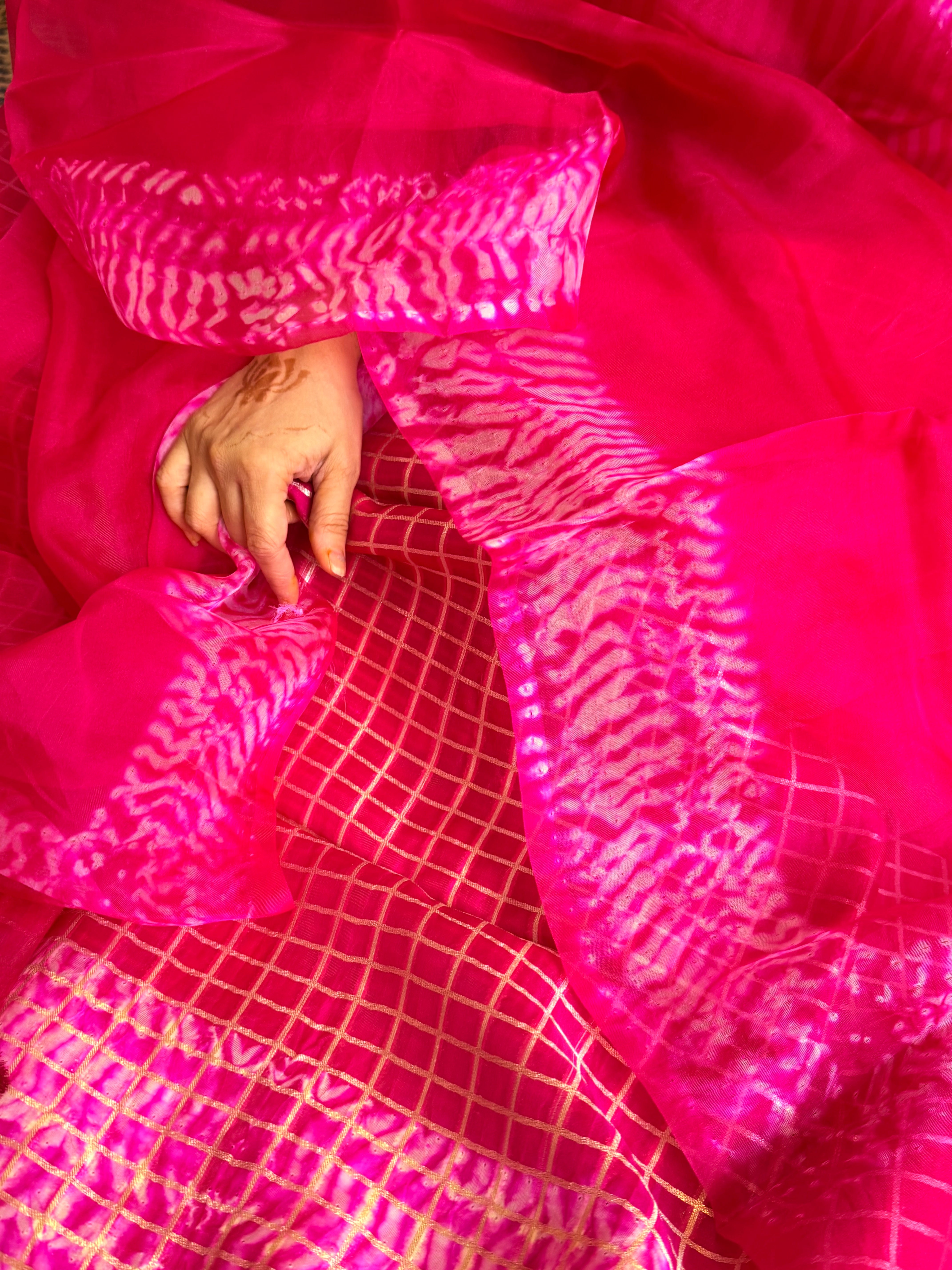 Hot pink banarasi blue kora silk shibori dye kadhwa suit set