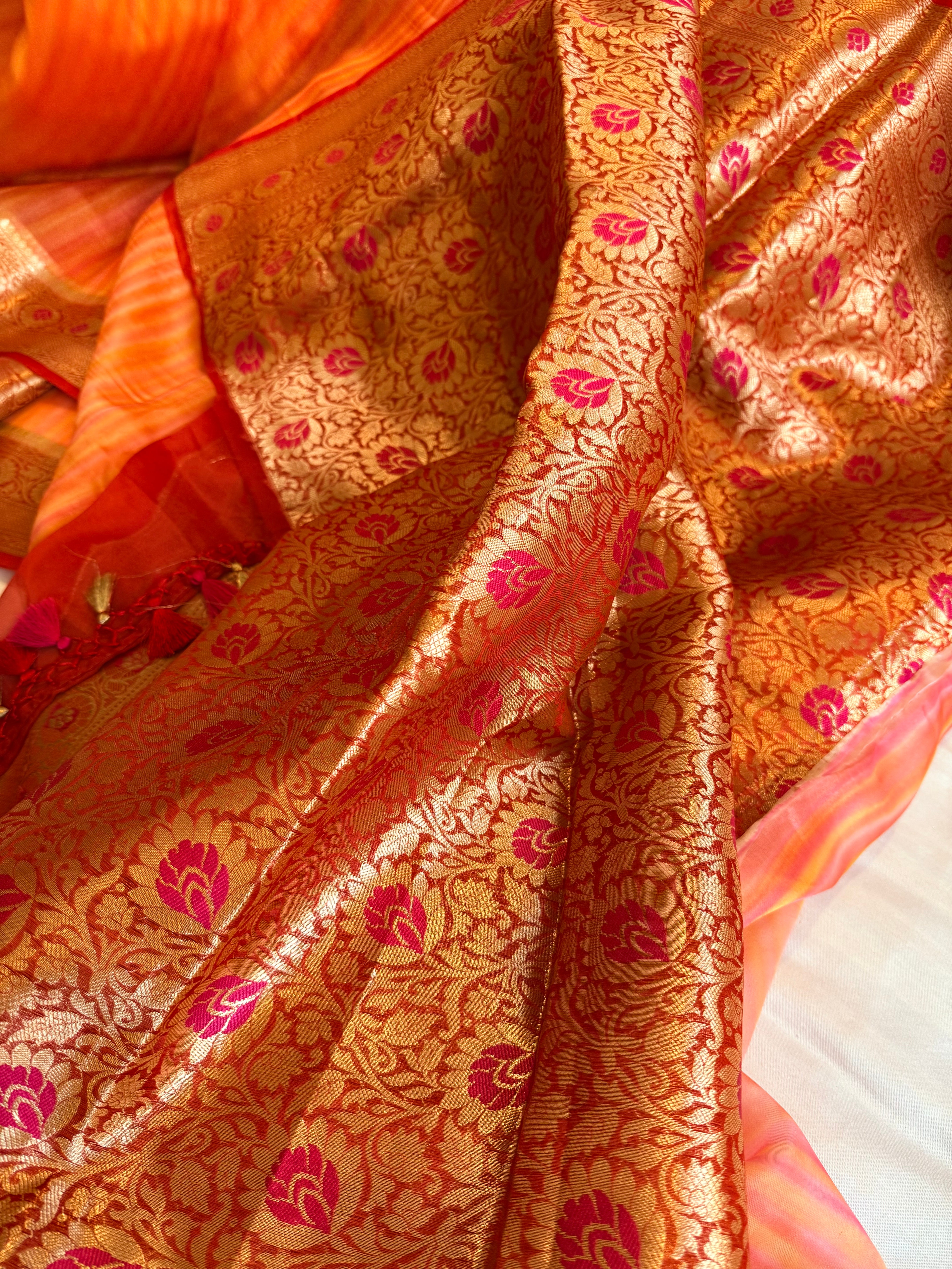Peachy orange rainbow kora silk meenakari kadhwa saree