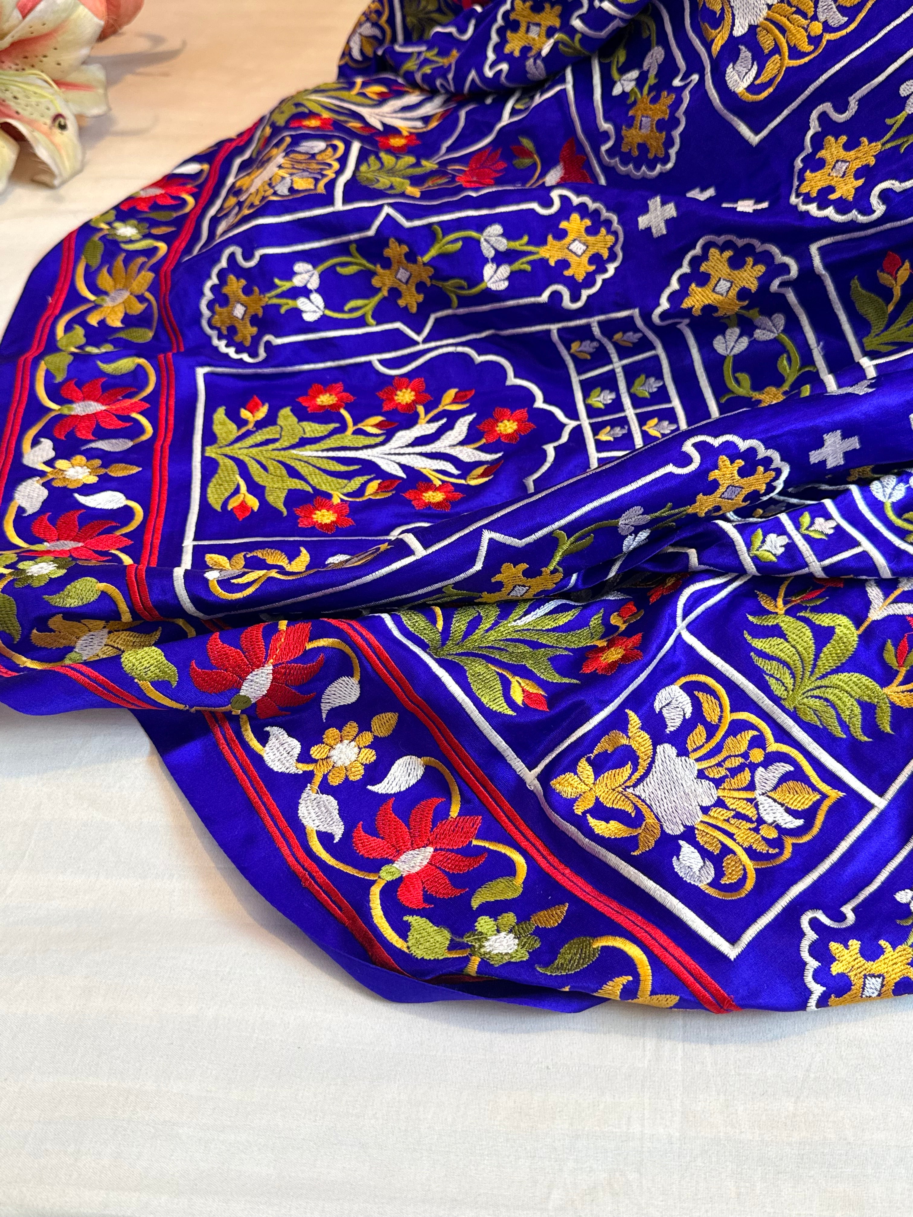 Jamdani hand embroidered ink blue mashru silk thread embroidered saree