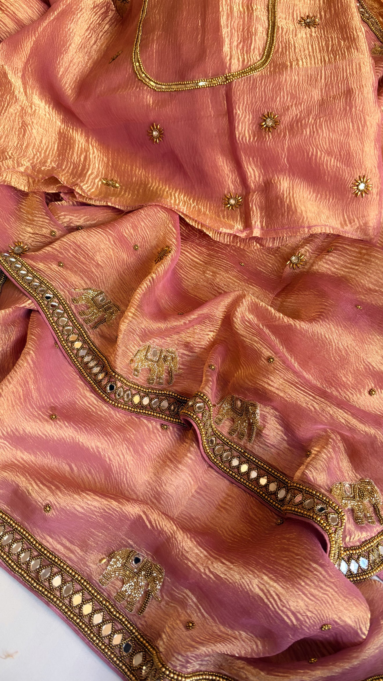 Mirrorwork edit blush pink crushed tissue silk hand embroidered saree