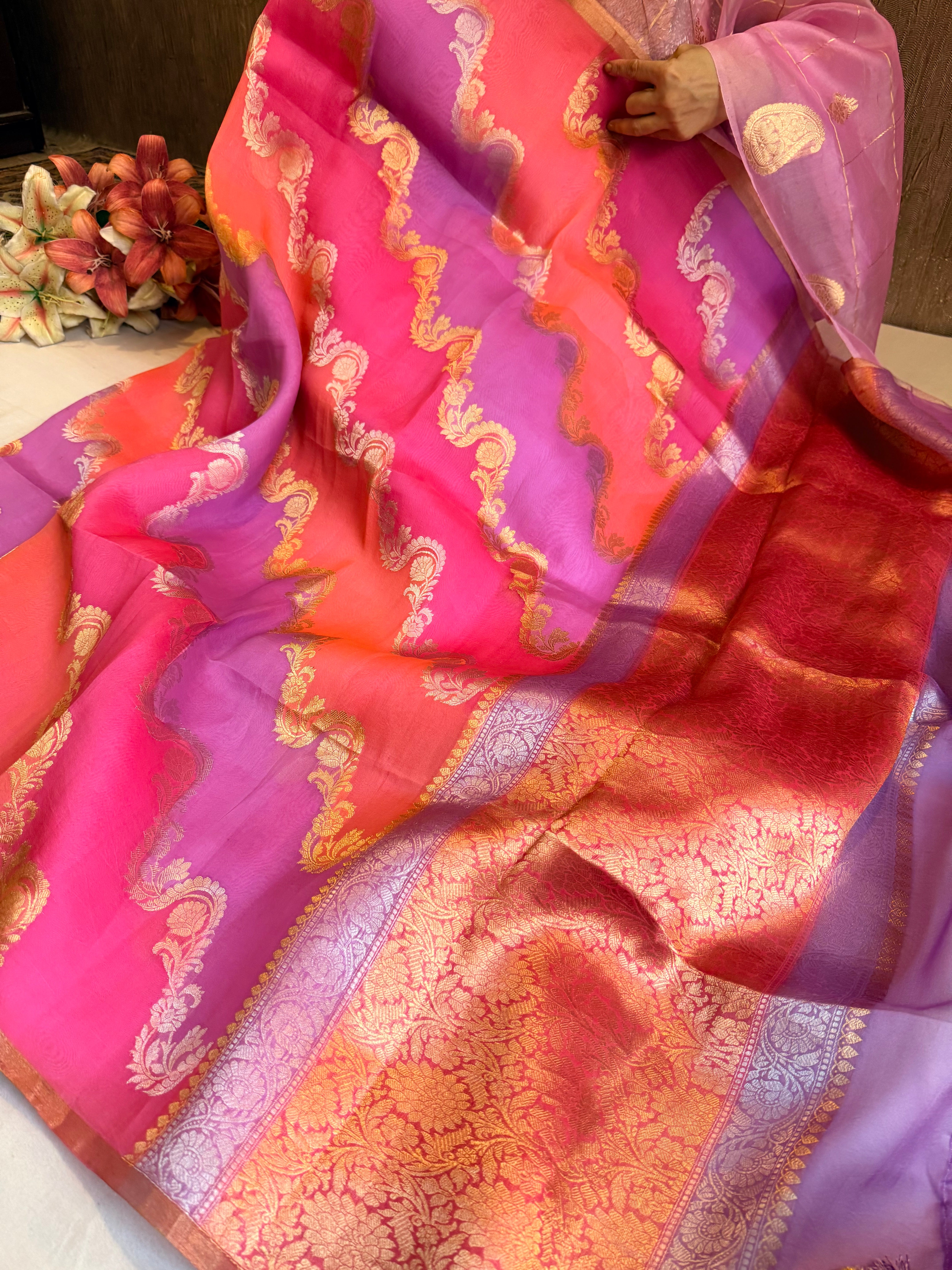 Kora silk rangkaat weaving rainbow dyed jaalwork kadhwa saree