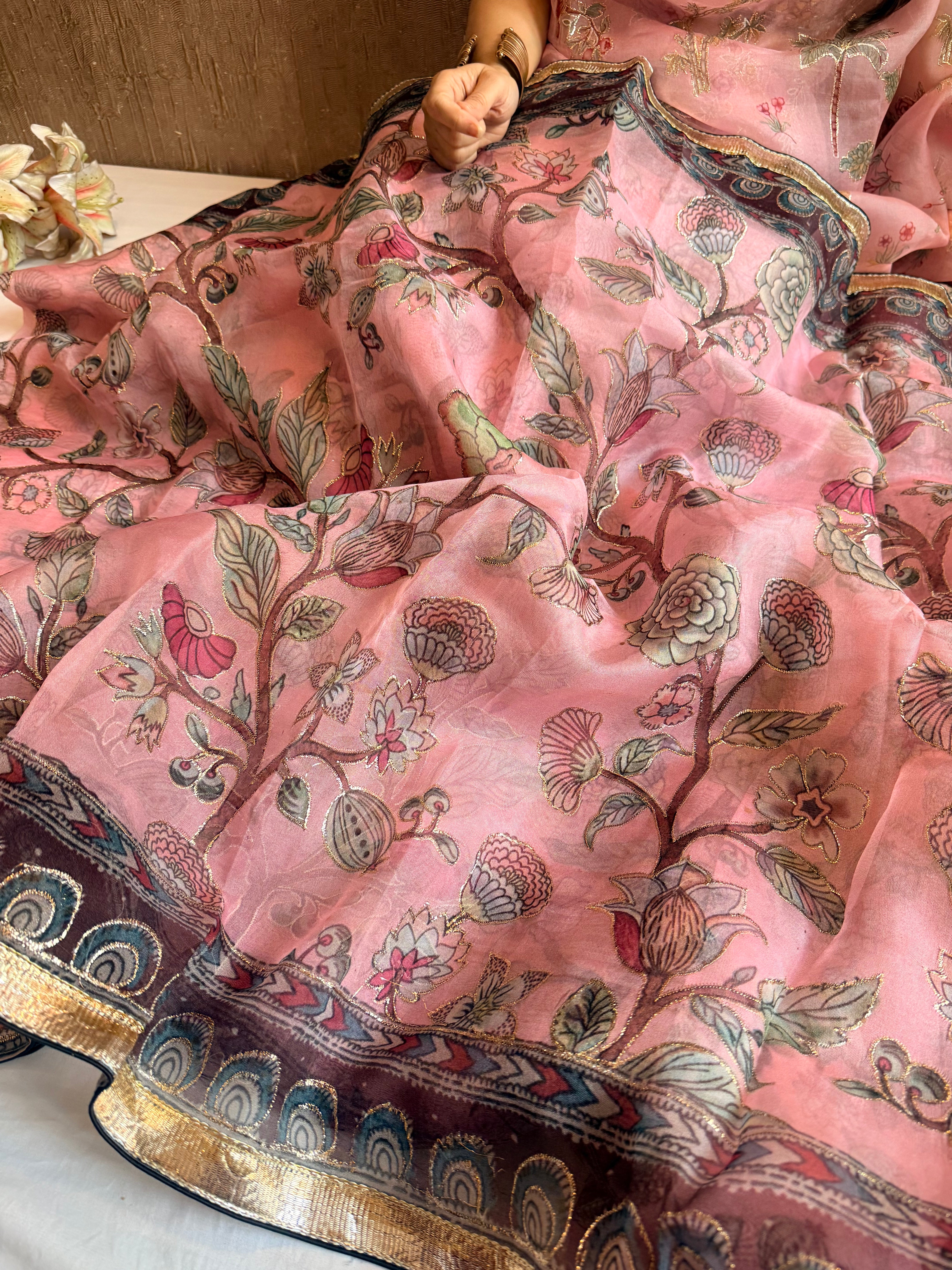 Kora silk printed lampi gotapatti hand embroidered saree
