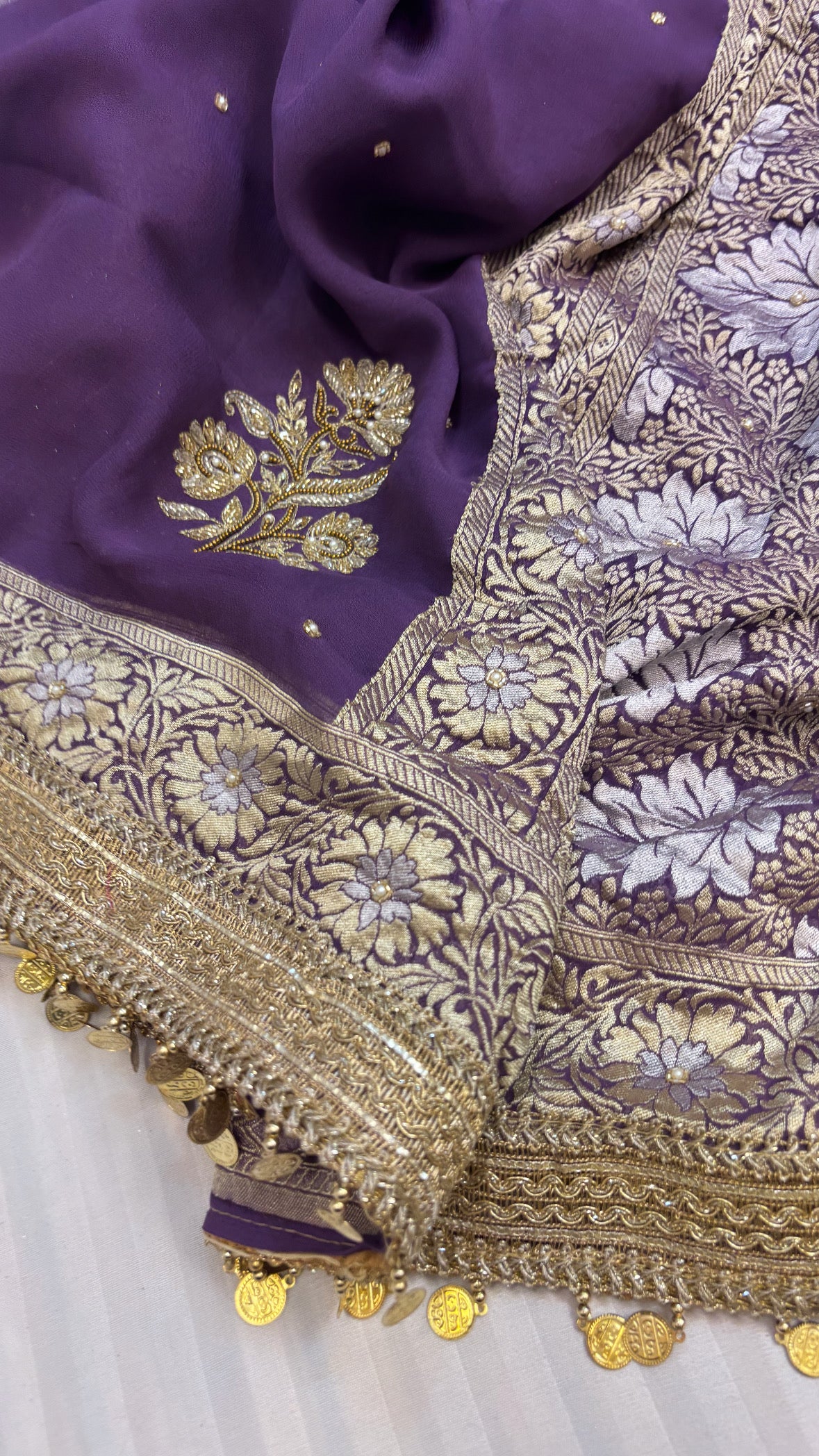 Midnight deep lavender heer gorgette hand embroidered saree
