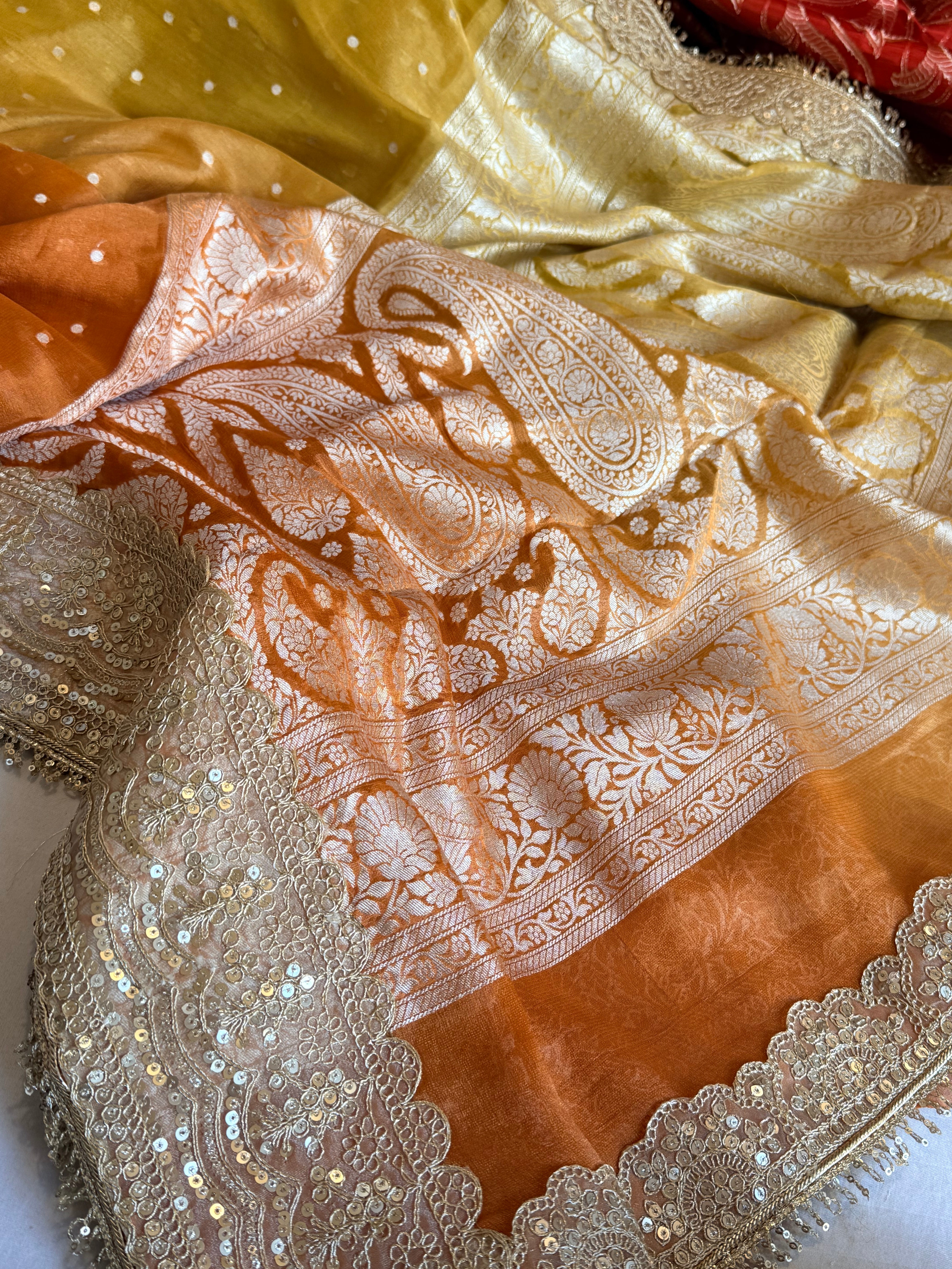 Chunri buti tissue gorgette kadhwa ombre shaded saree
