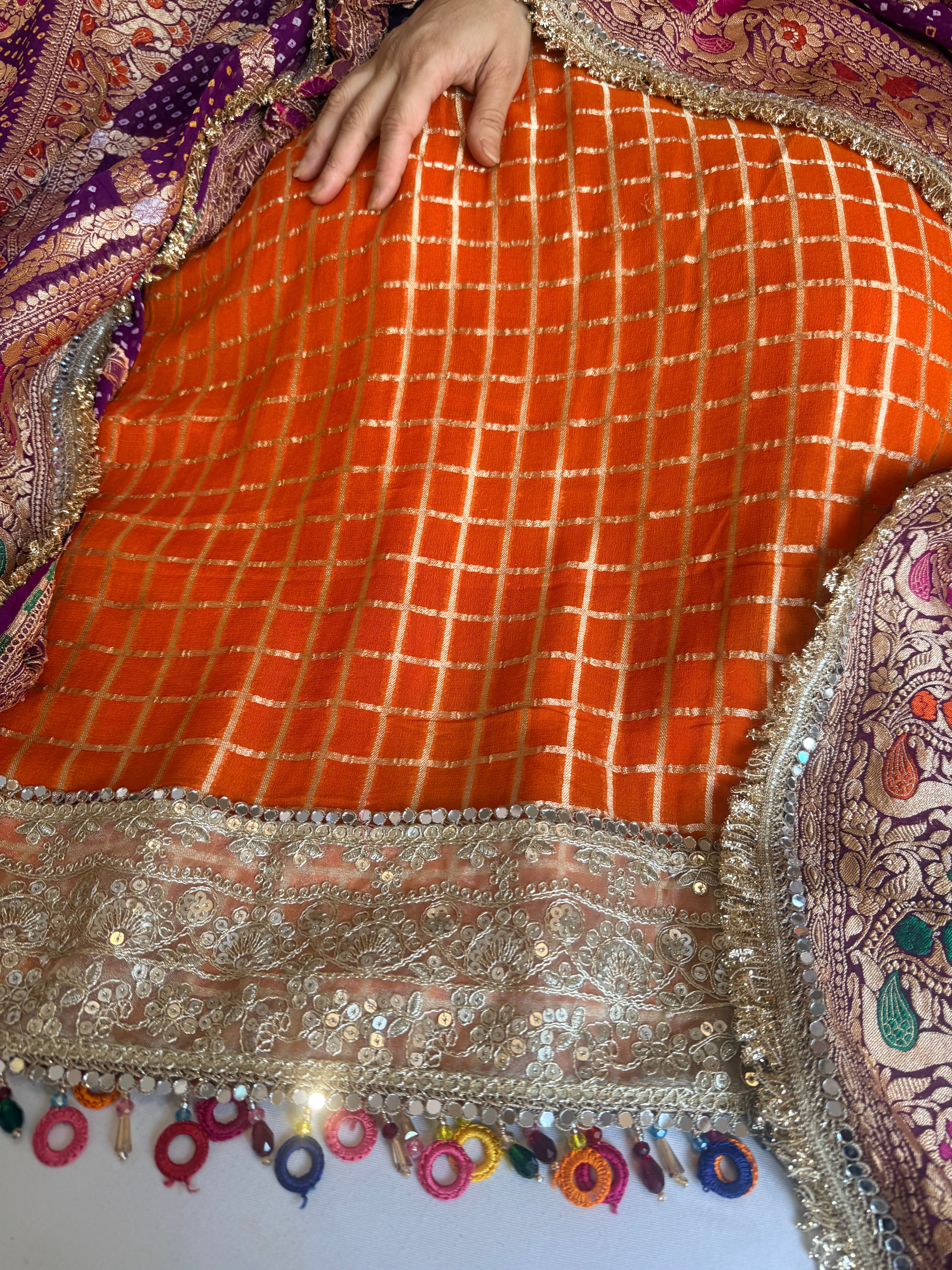 Banarasi chiffon gorgette bandhej gharchola weaving suit set
