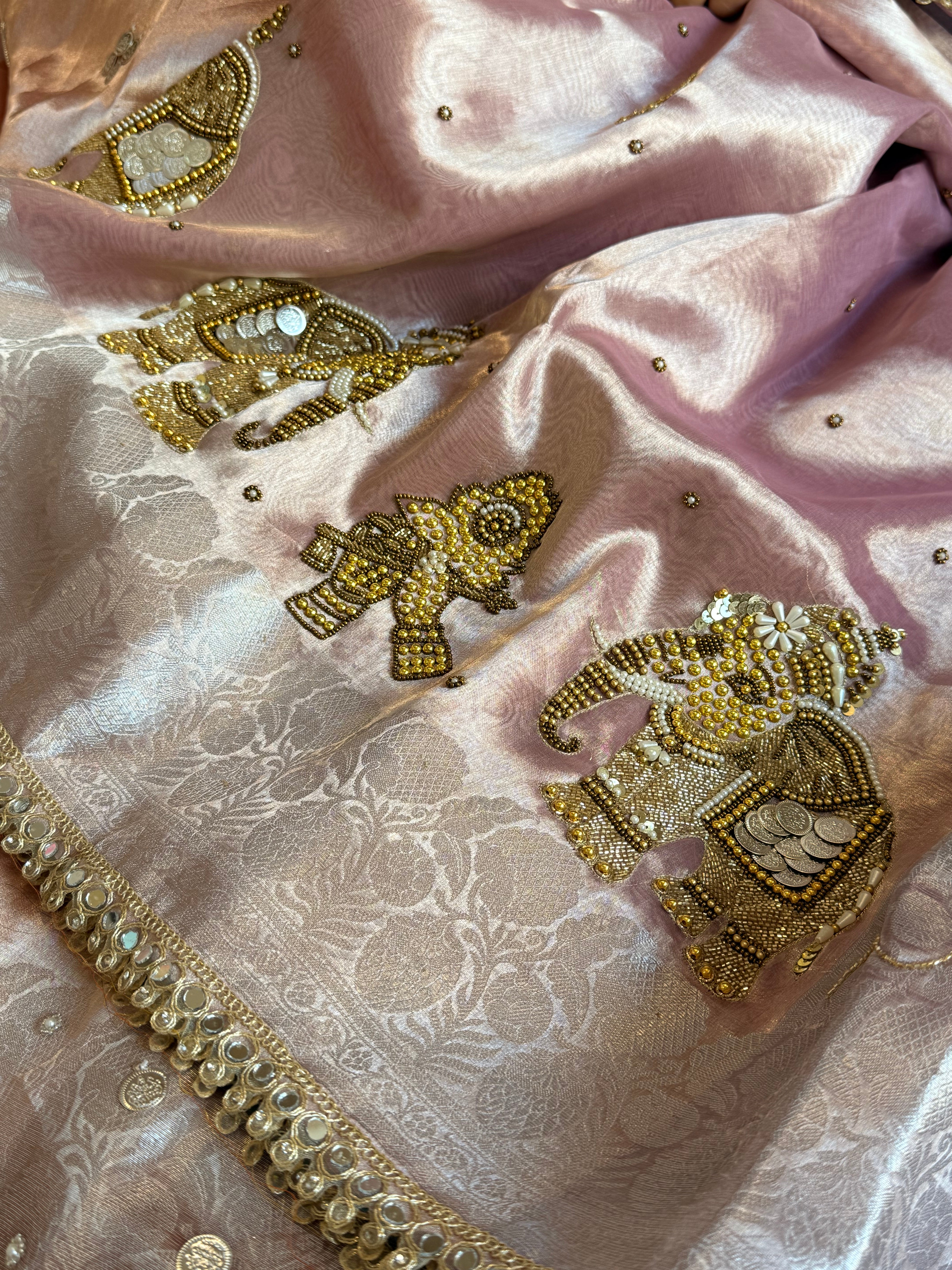 Gulabi jadau saree - Rosy pink tissue silk jadau work hand embroidered saree