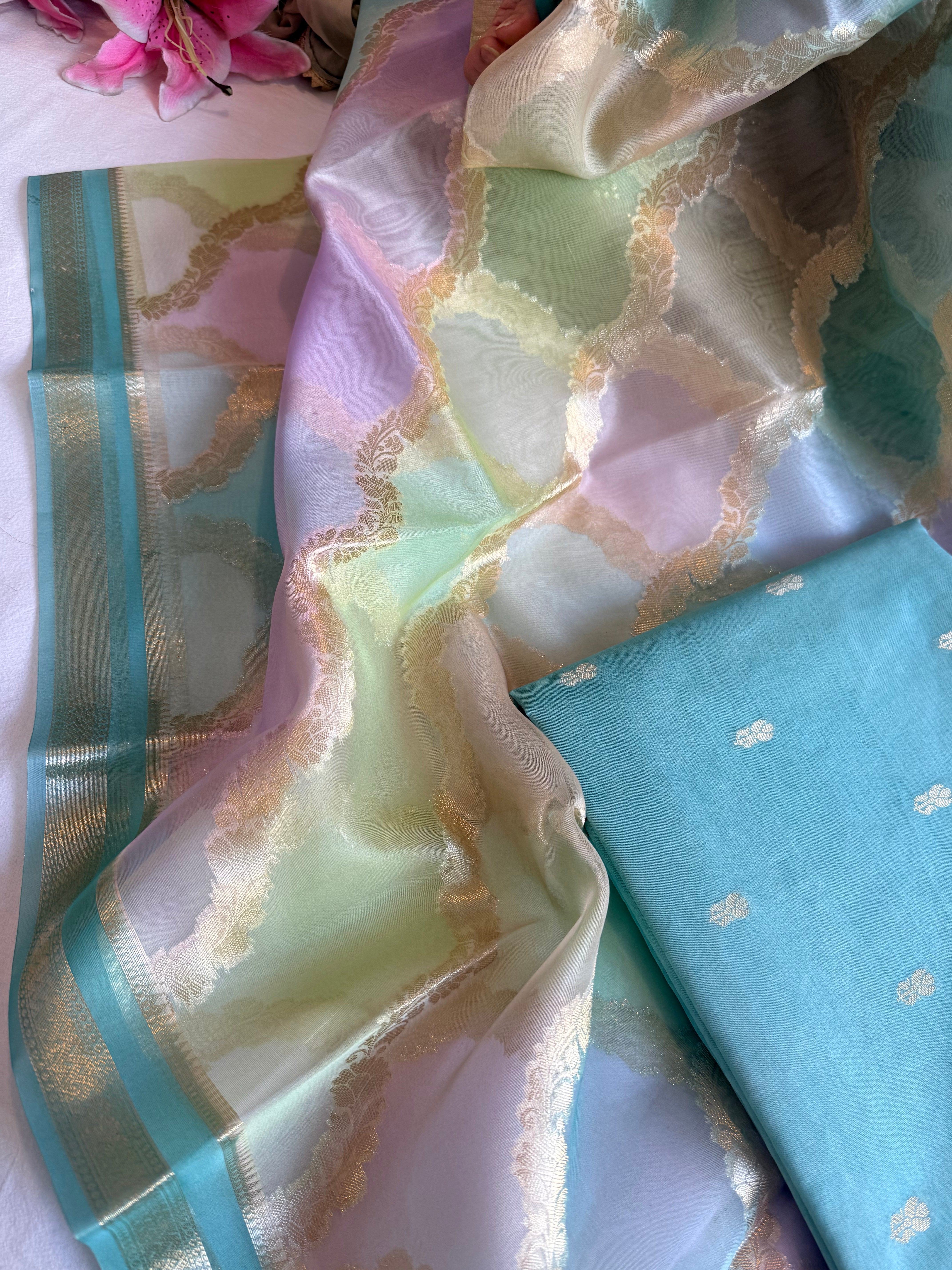 Banarasi chiniya silk kurta paired with candy colours rangkaat kora silk duppata