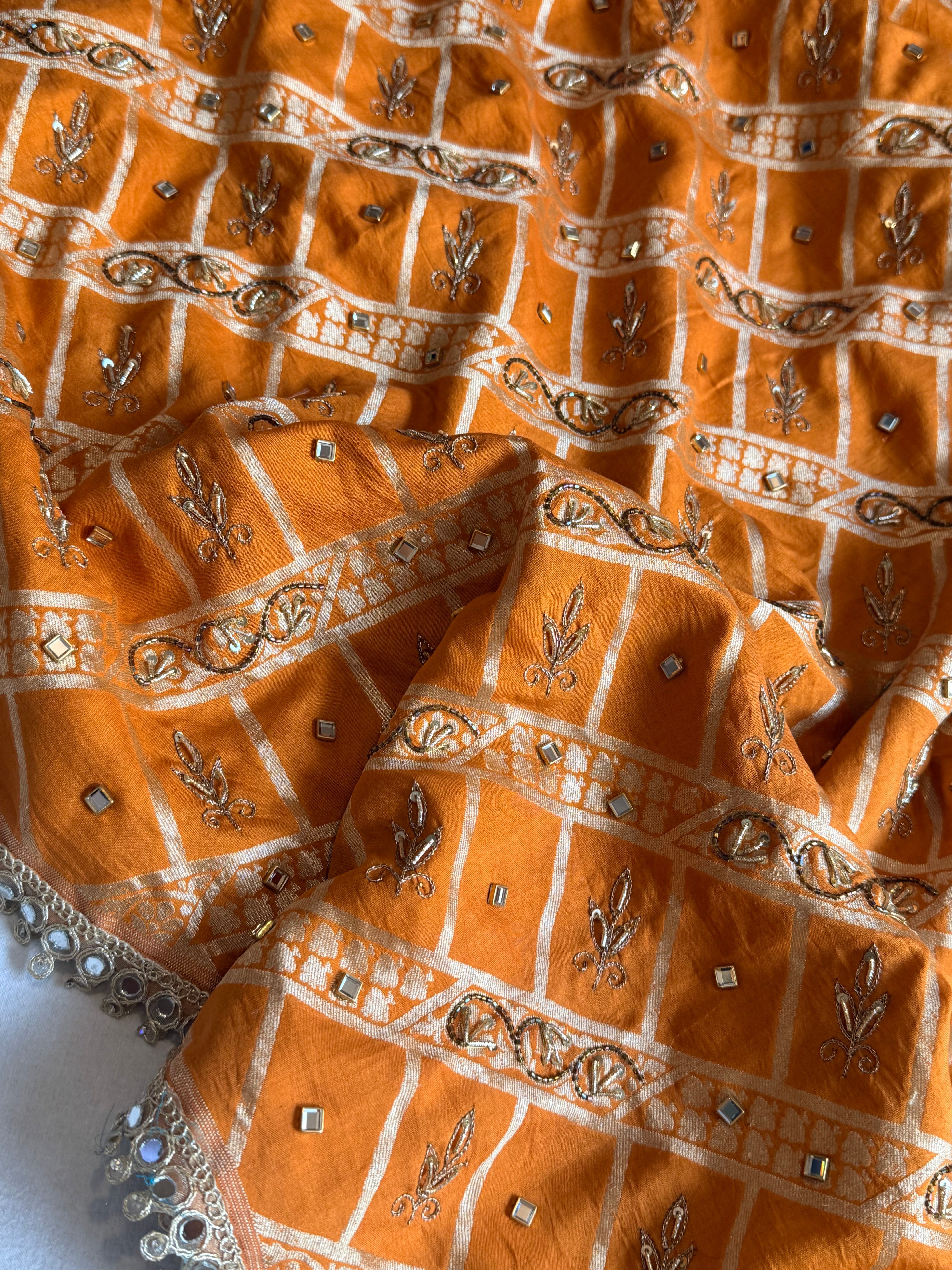 Spun chiniya silk mirrorwork hand embroidered banarasi saree