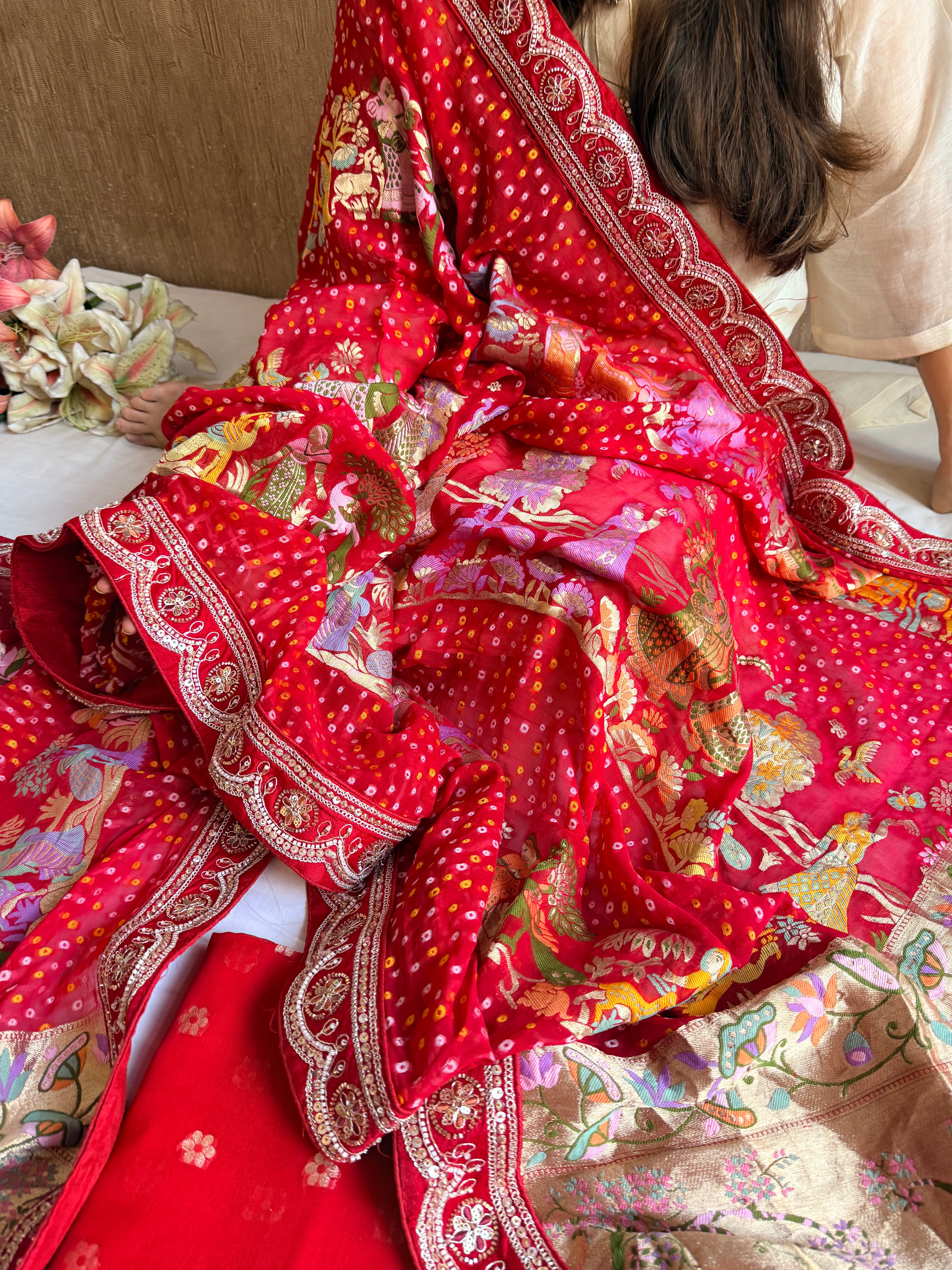 Banarasi rai bandhej radha krishna weaving gorgette kadhwa suit set