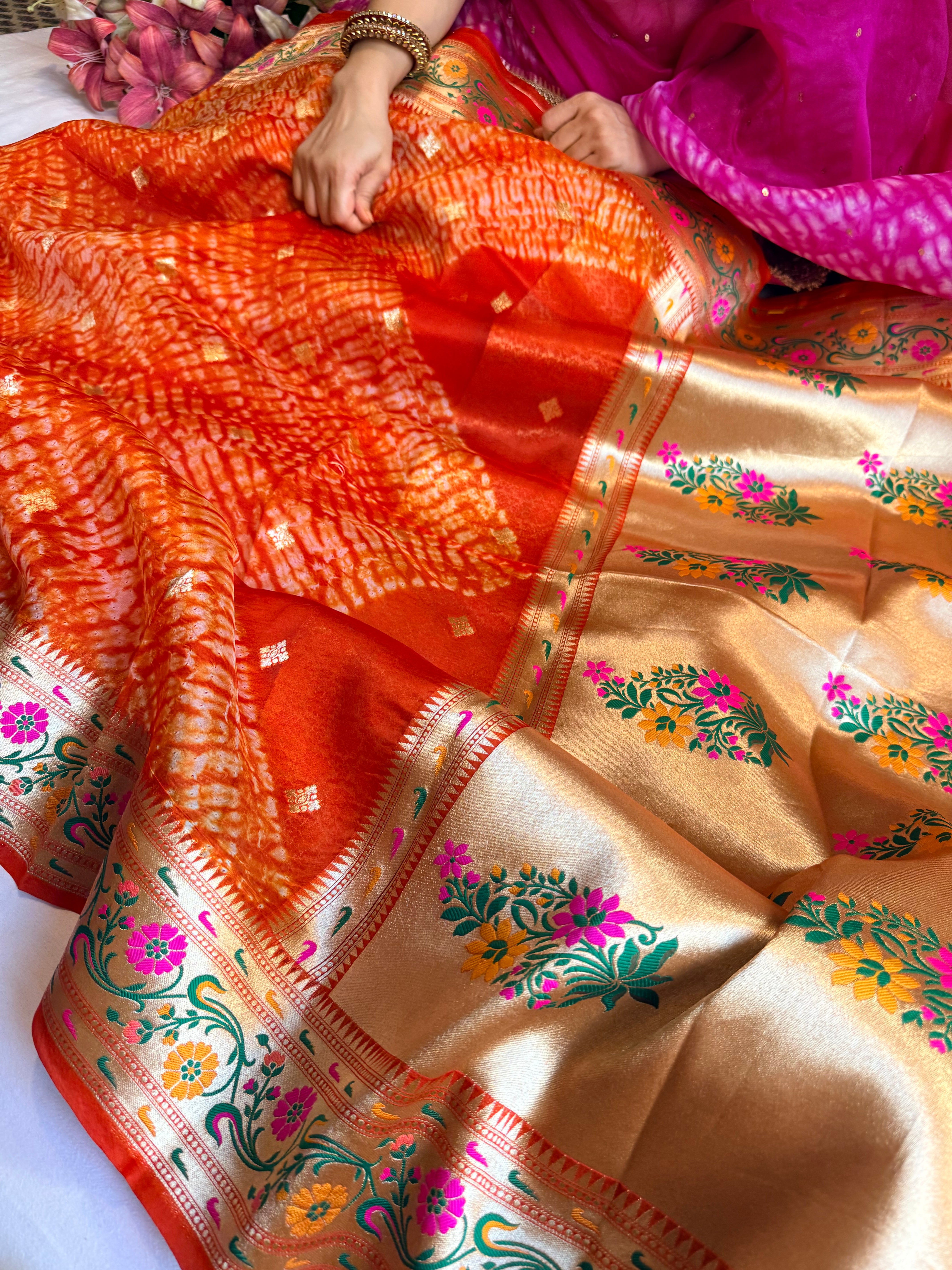 Fanta orange kora silk paithani border meenakari arshi dye saree