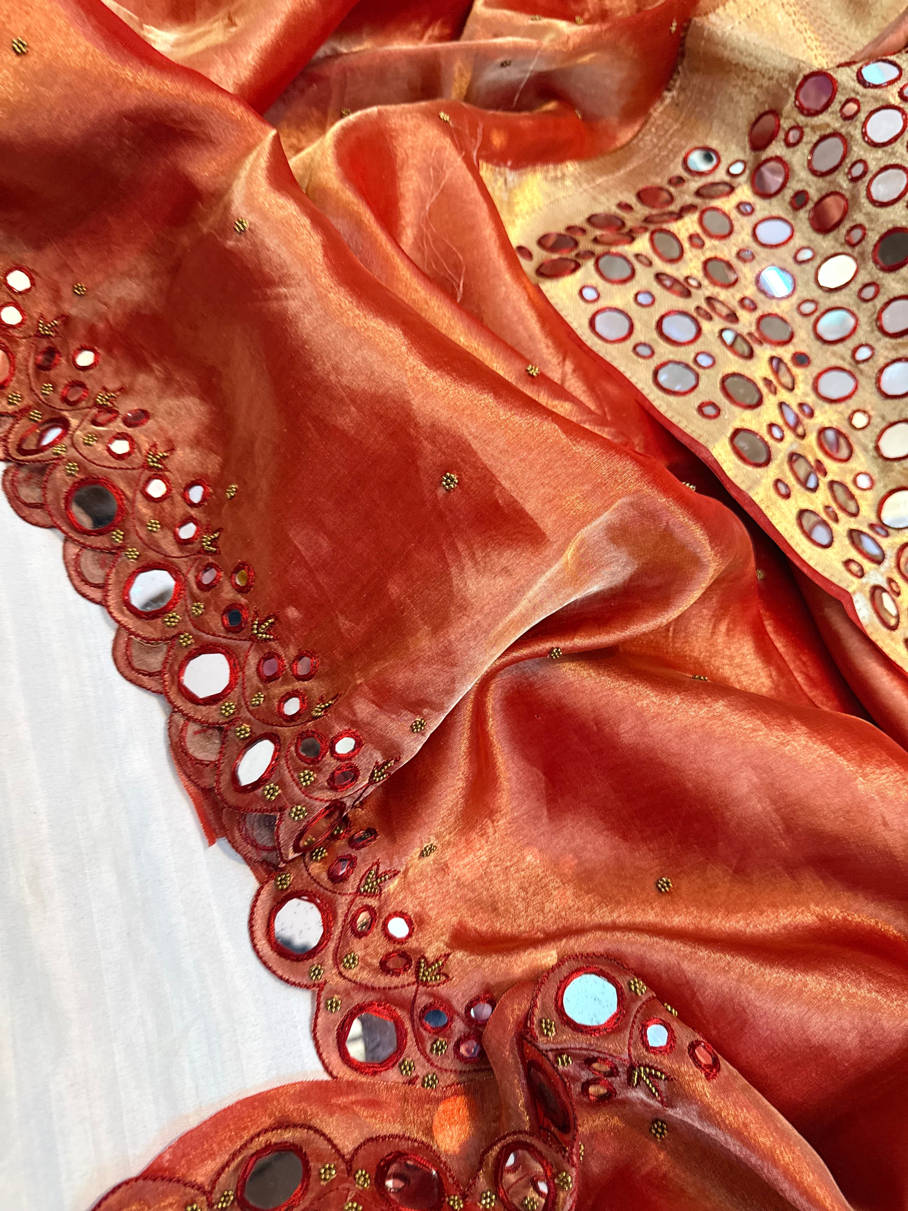Sheeshe wali hot red tissue silk mirrorwork hand embroidered banarasi saree