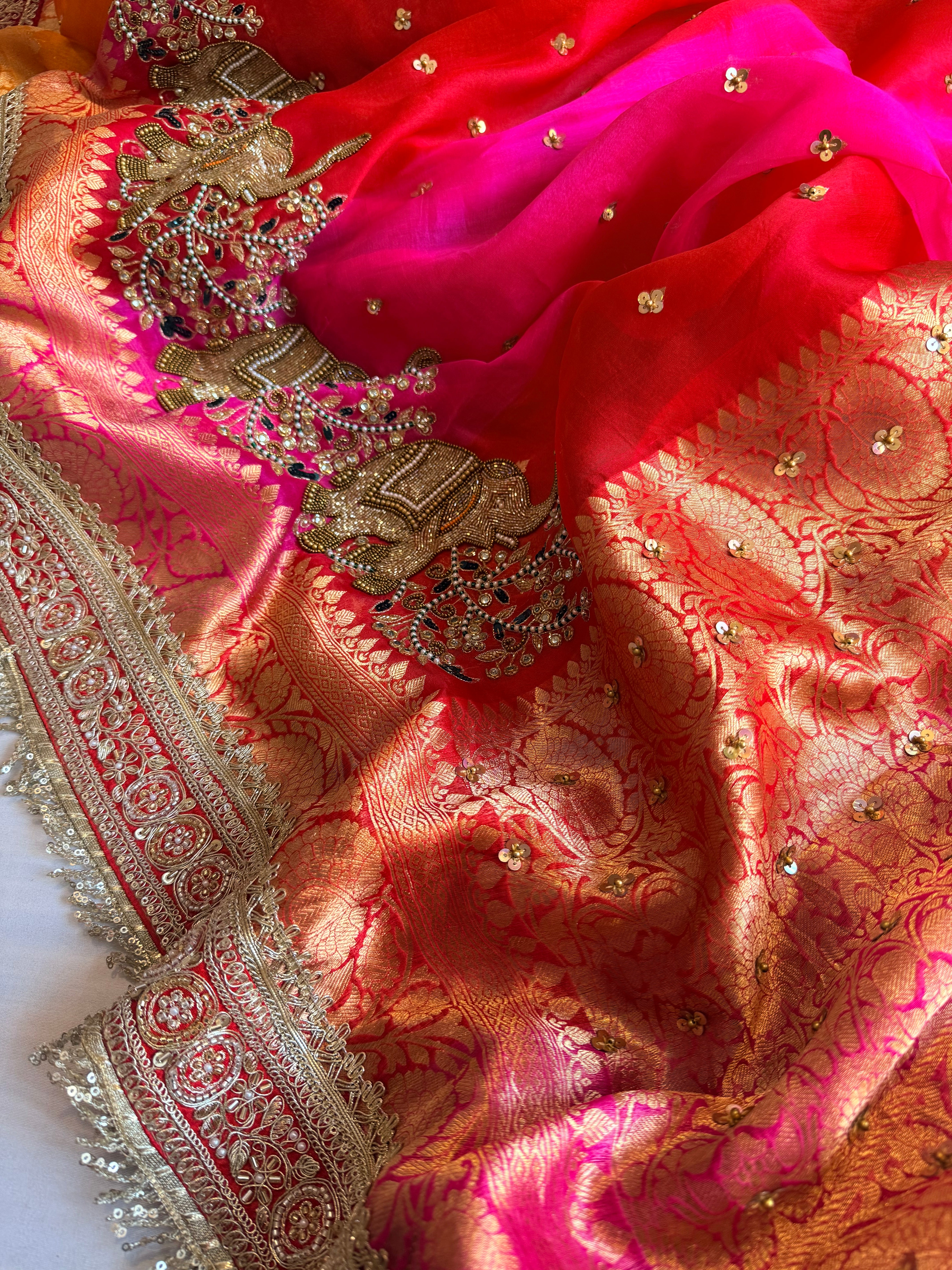 Red-Rani ombre shaded kora silk chunri buti hand embroidered saree