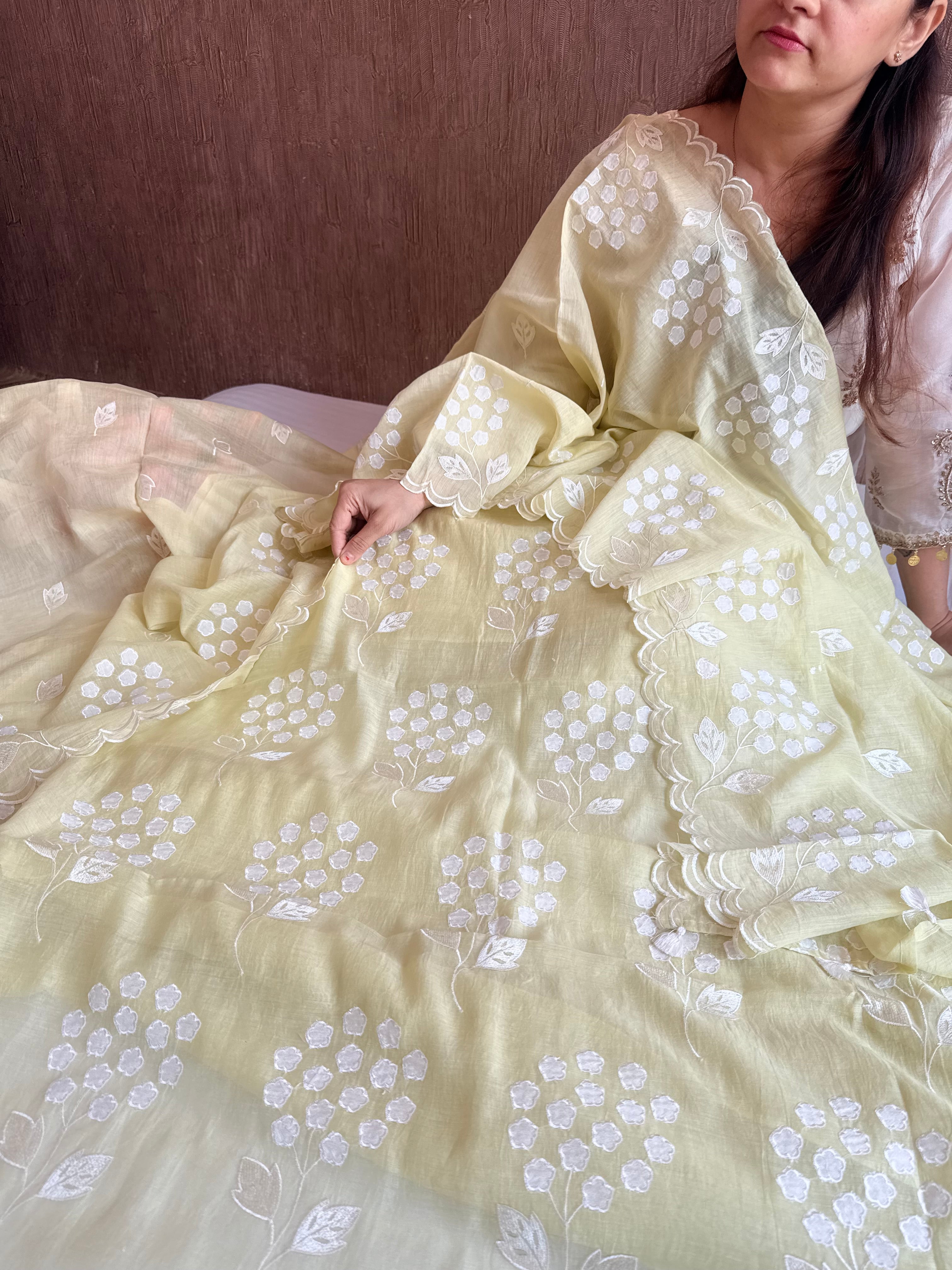 Alia bhatt inspired blush lime green mulmul appliqué work suit set