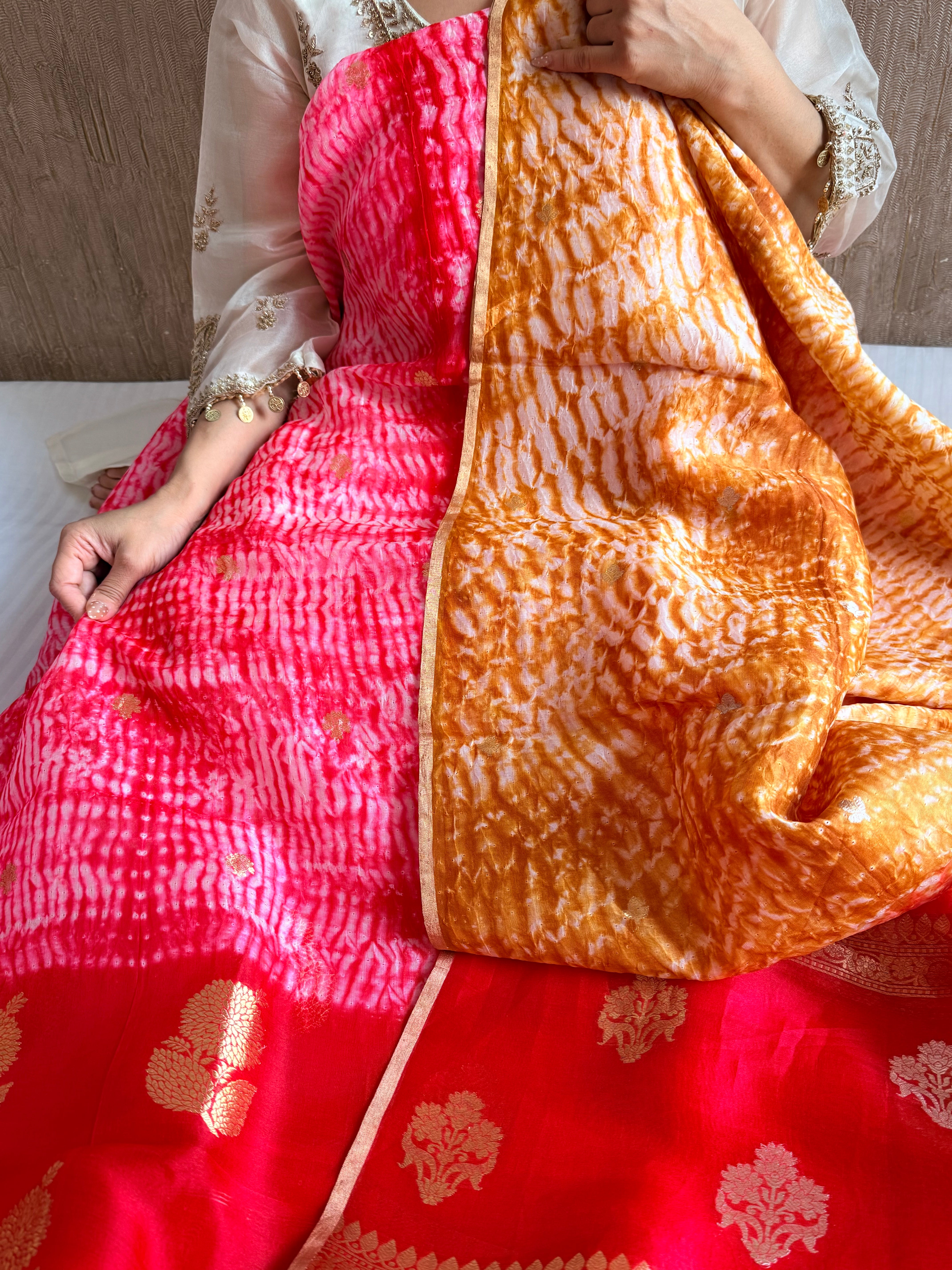 Shibori dye banarasi kora silk red-mustard orange kadhwa buti suit set
