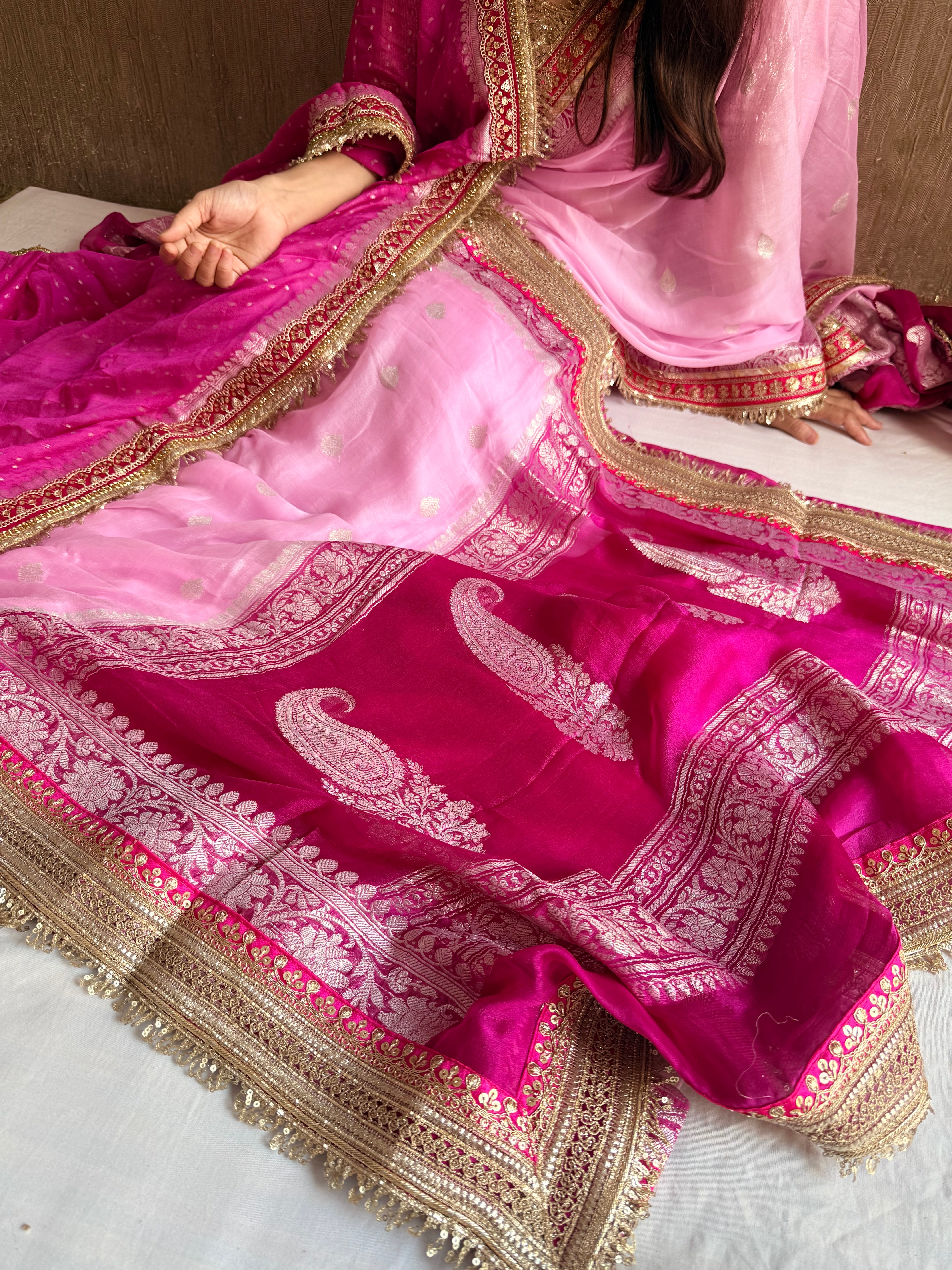 Sridevi edit - Chiffon banarasi gorgette chap dye kadhwa saree duppata set