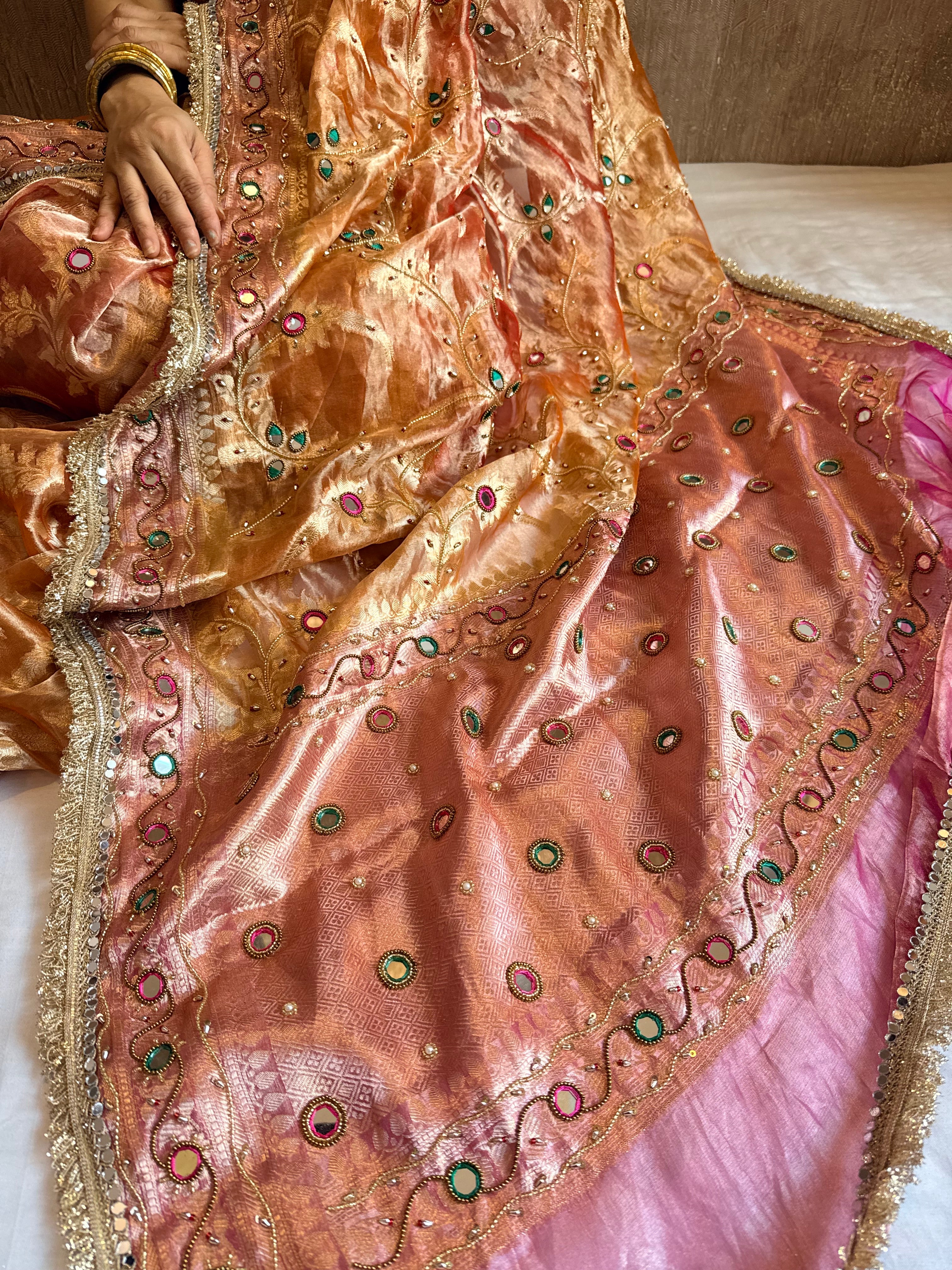 Kumkum edit tissue silk jaalwork hand embroidered saree