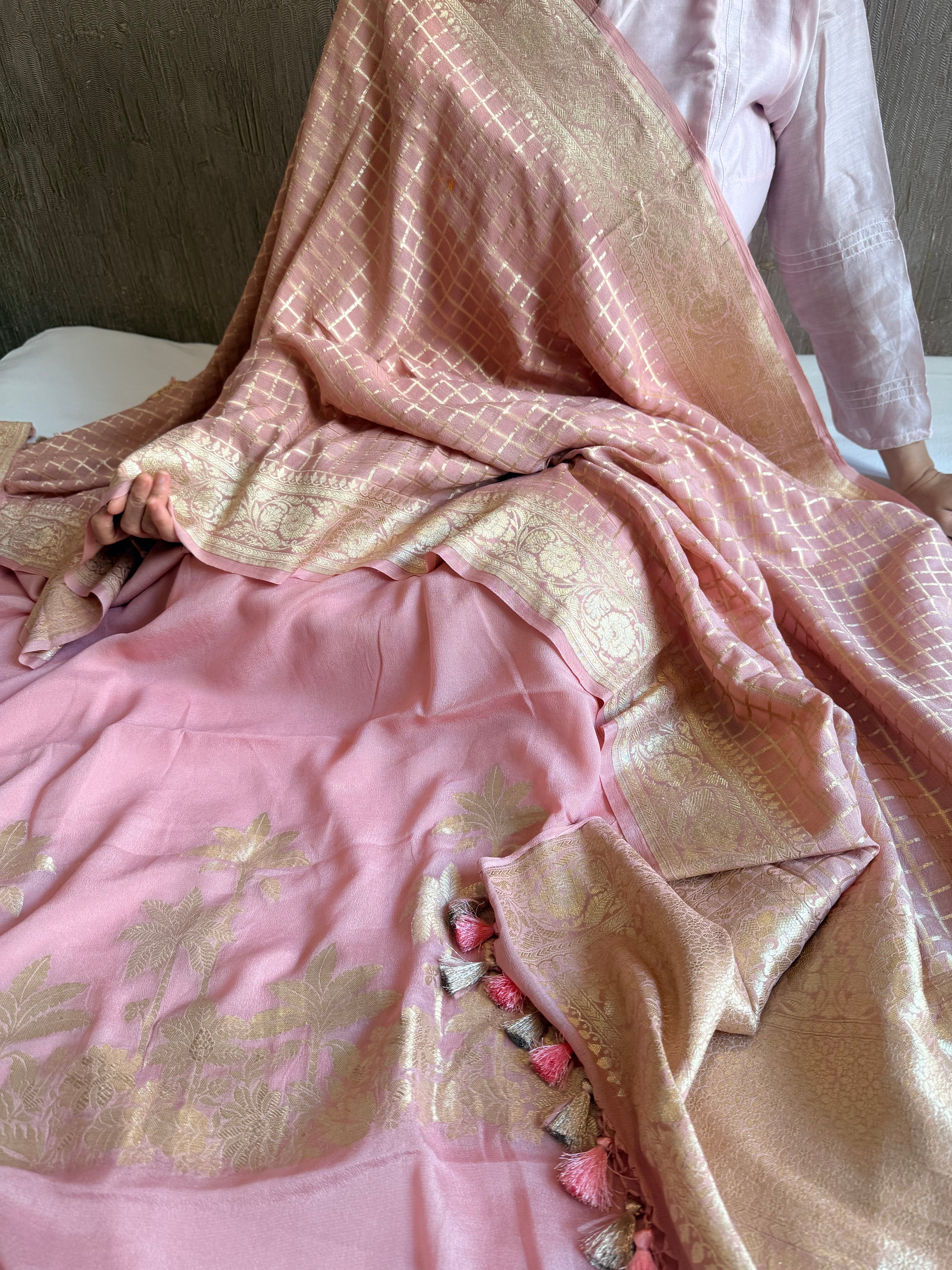 Chiffon gorgette peachy pink kadhwa weaving banarasi suit set