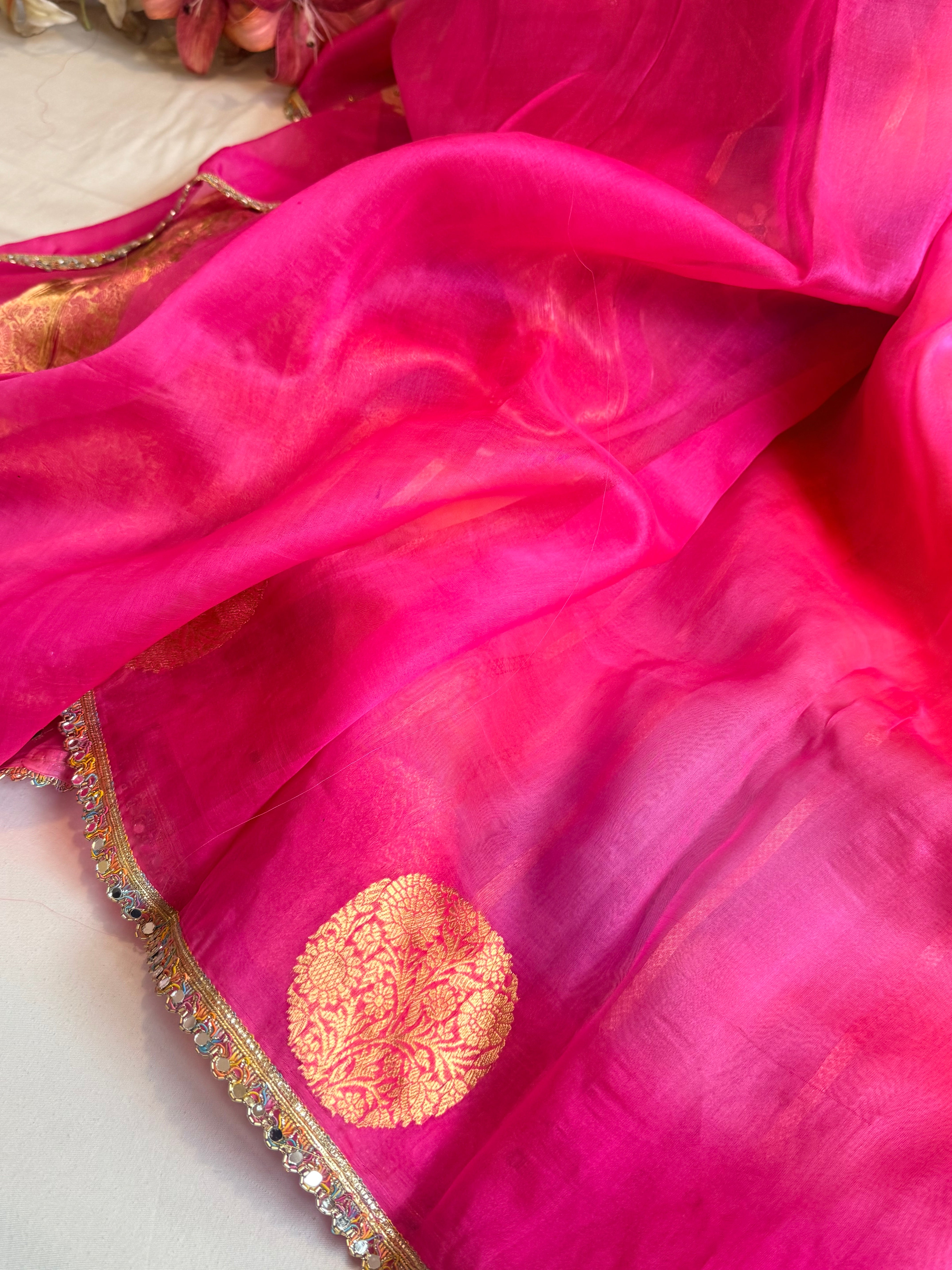 Gulab ka ras - Kora silk rangkaat weaving hand embroidered zubieda inspired saree