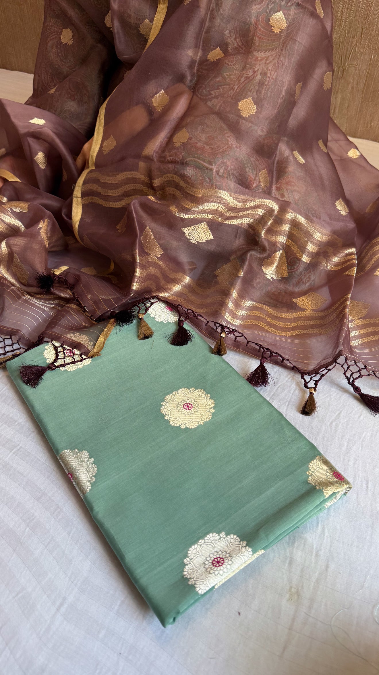 Banarasi crayon green-brown chiniya silk contrast suit set