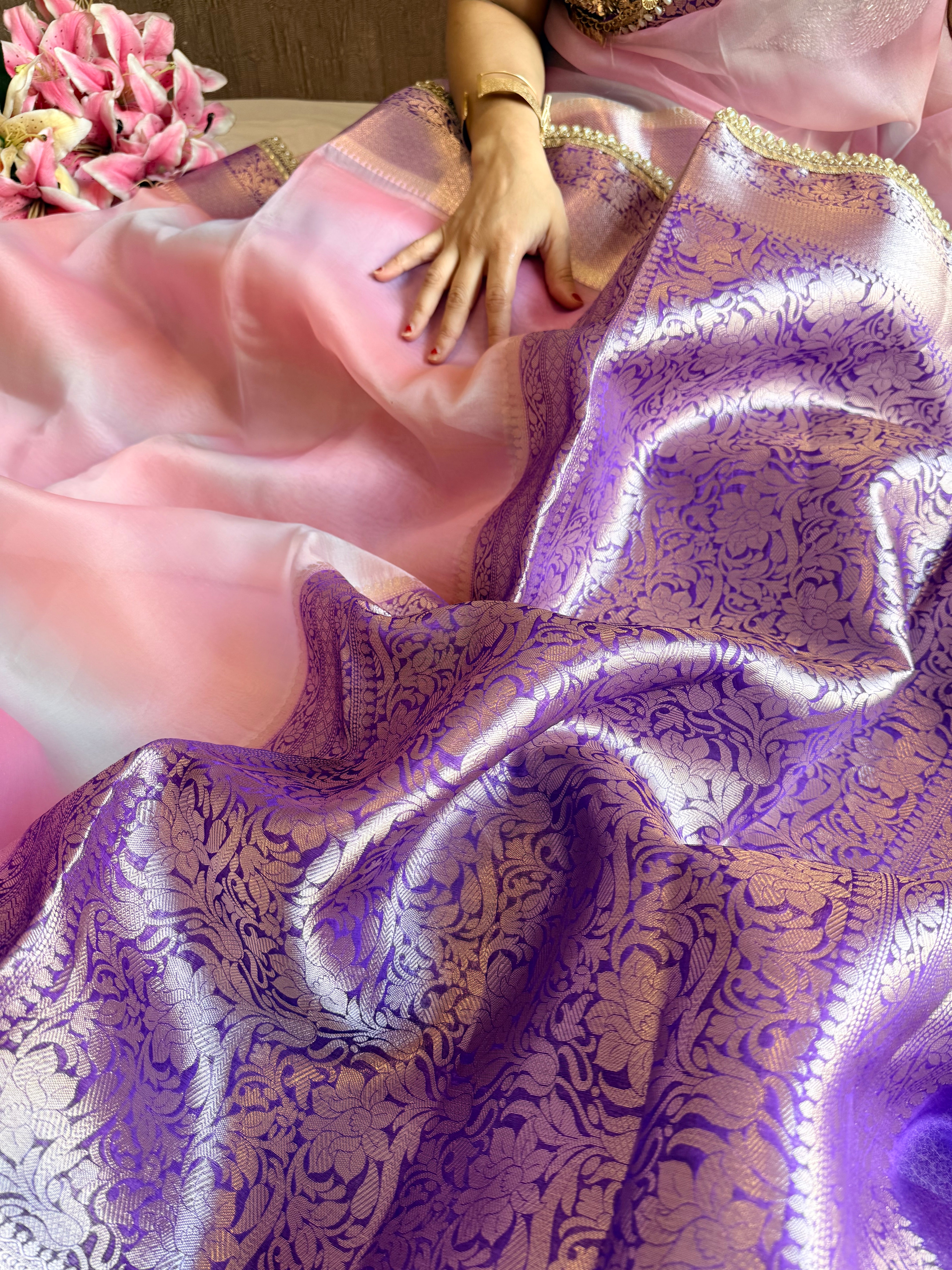 Banarasi kora silk rainbow dyed kadhwa saree with gotapatti work