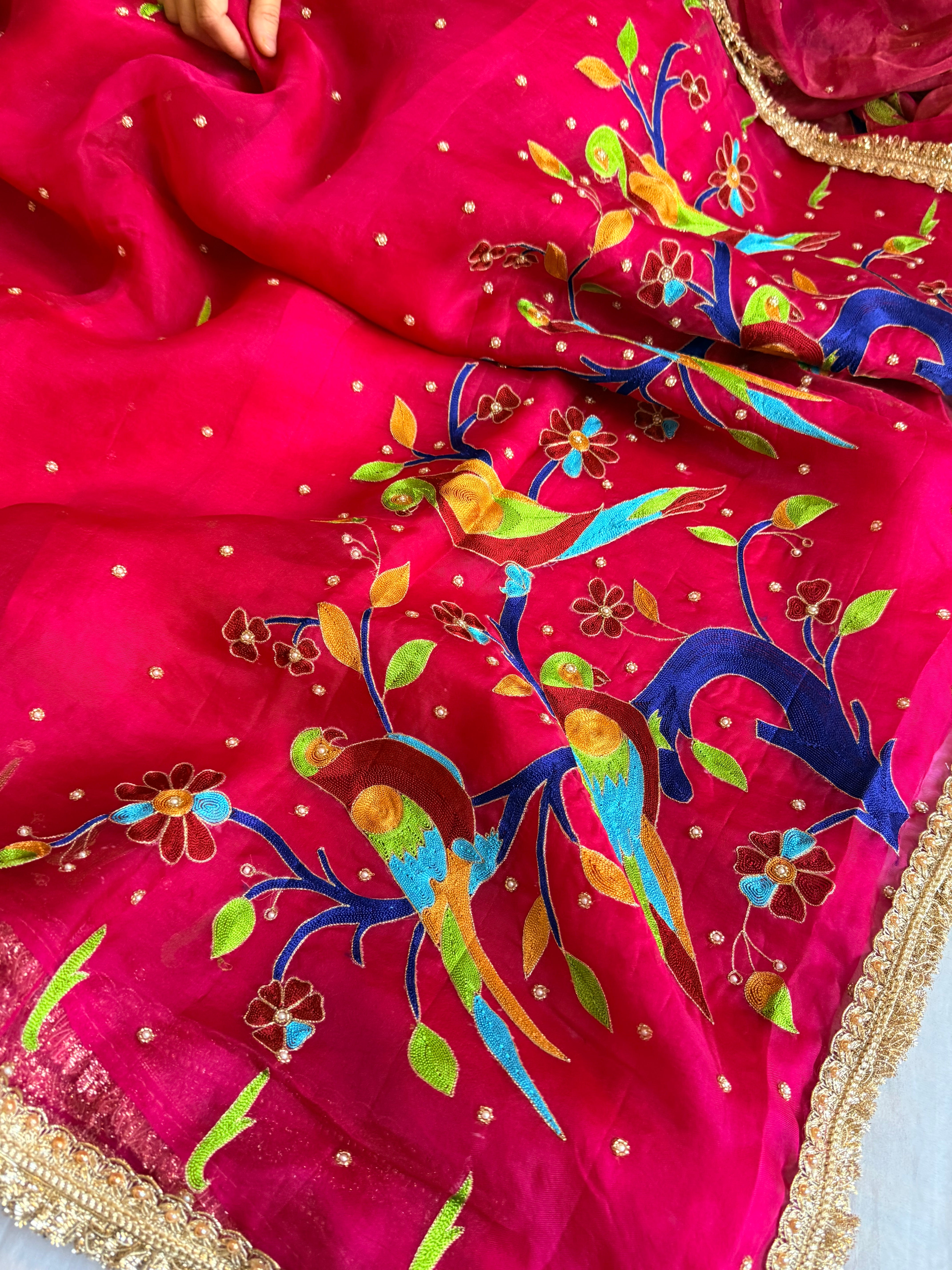 Hot pink kora silk paithani meenakari hand embroidered saree
