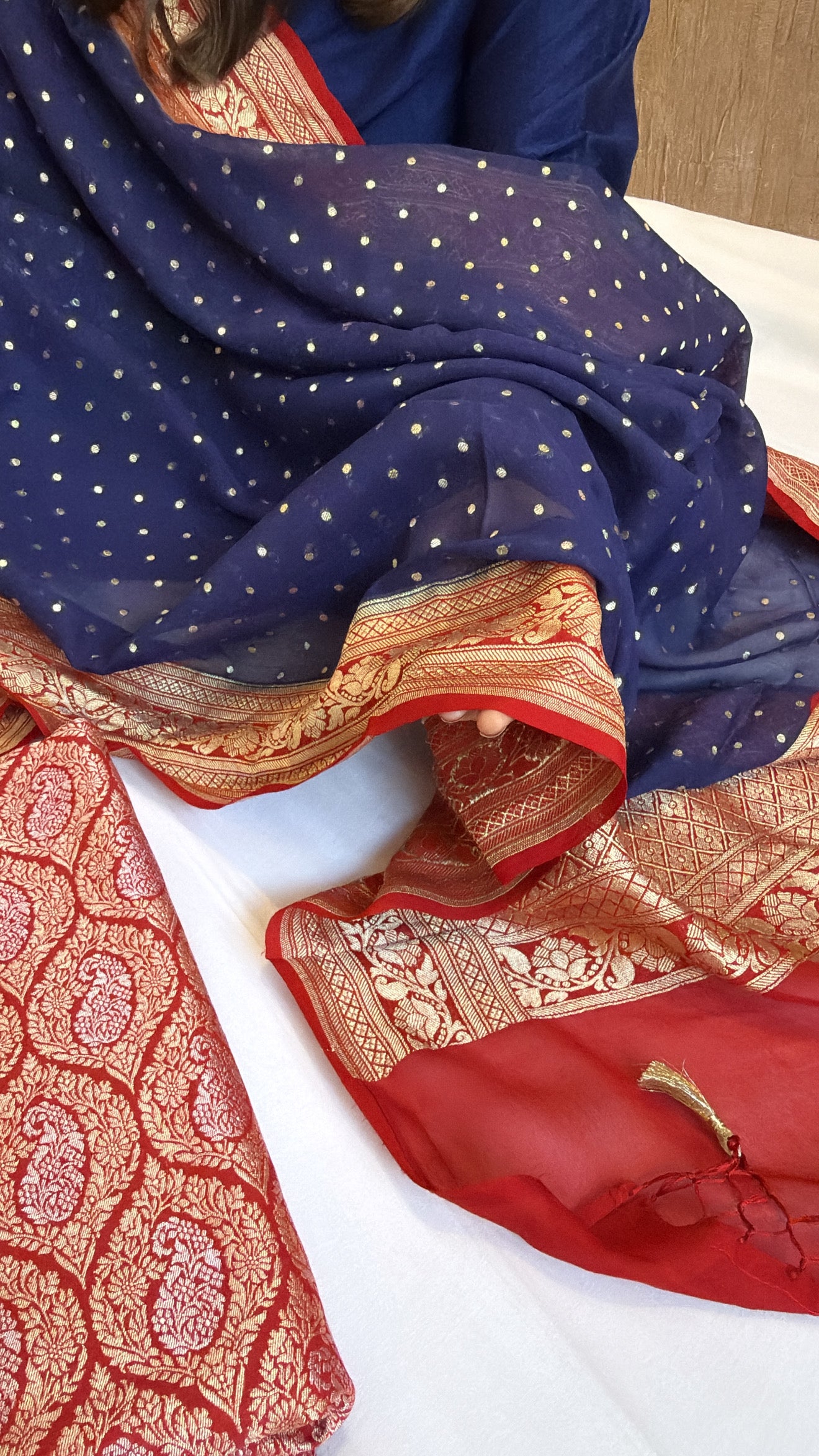 Blood red - persian blue chap dye moonga silk brocade kurta paired with gorgette duppata set