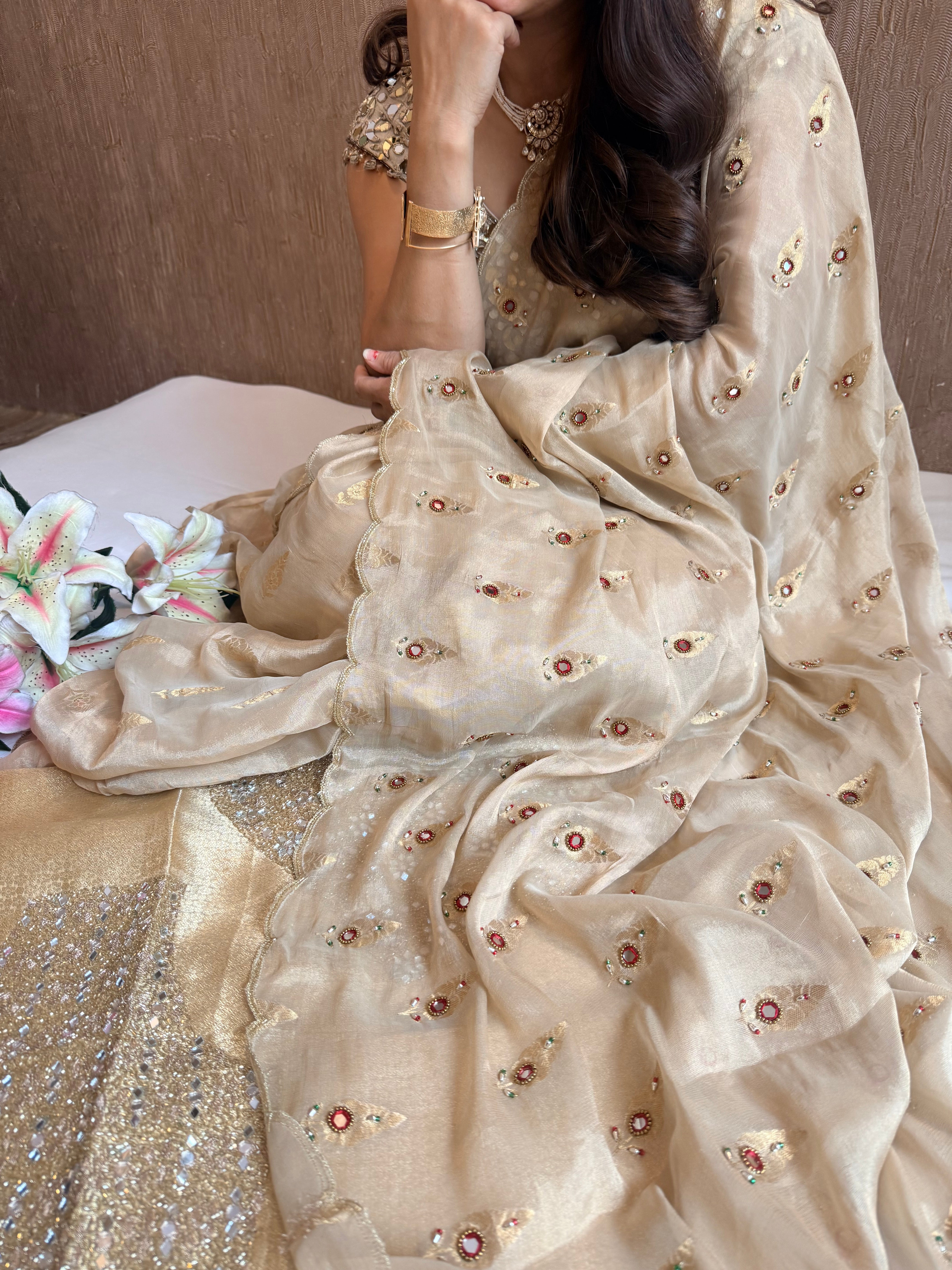 Chiffon tissue gorgette chunri buti hand embroidered kadhwa saree