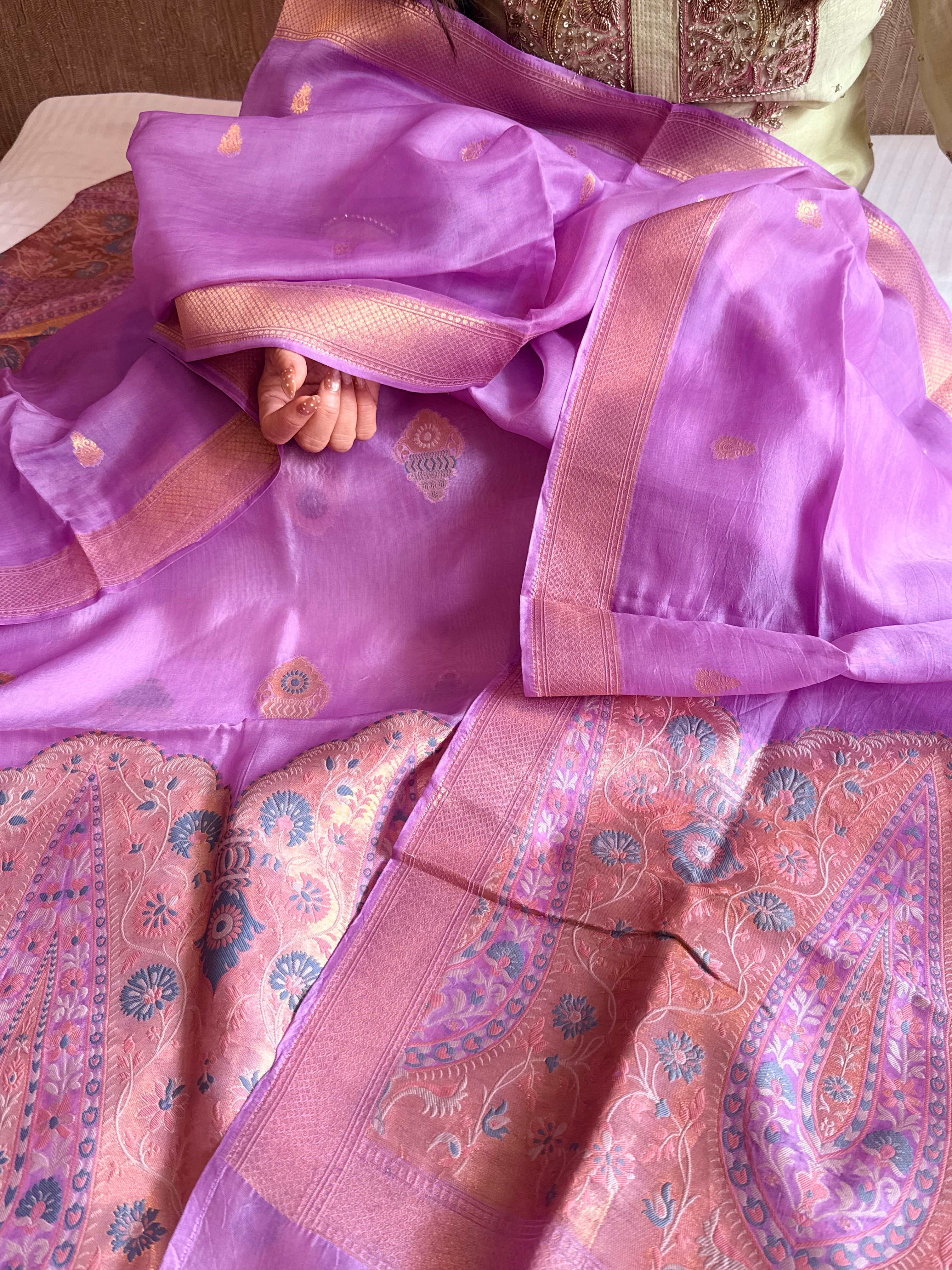 Butter silk banarasi lavender meenakari kadhwa weaving suit set