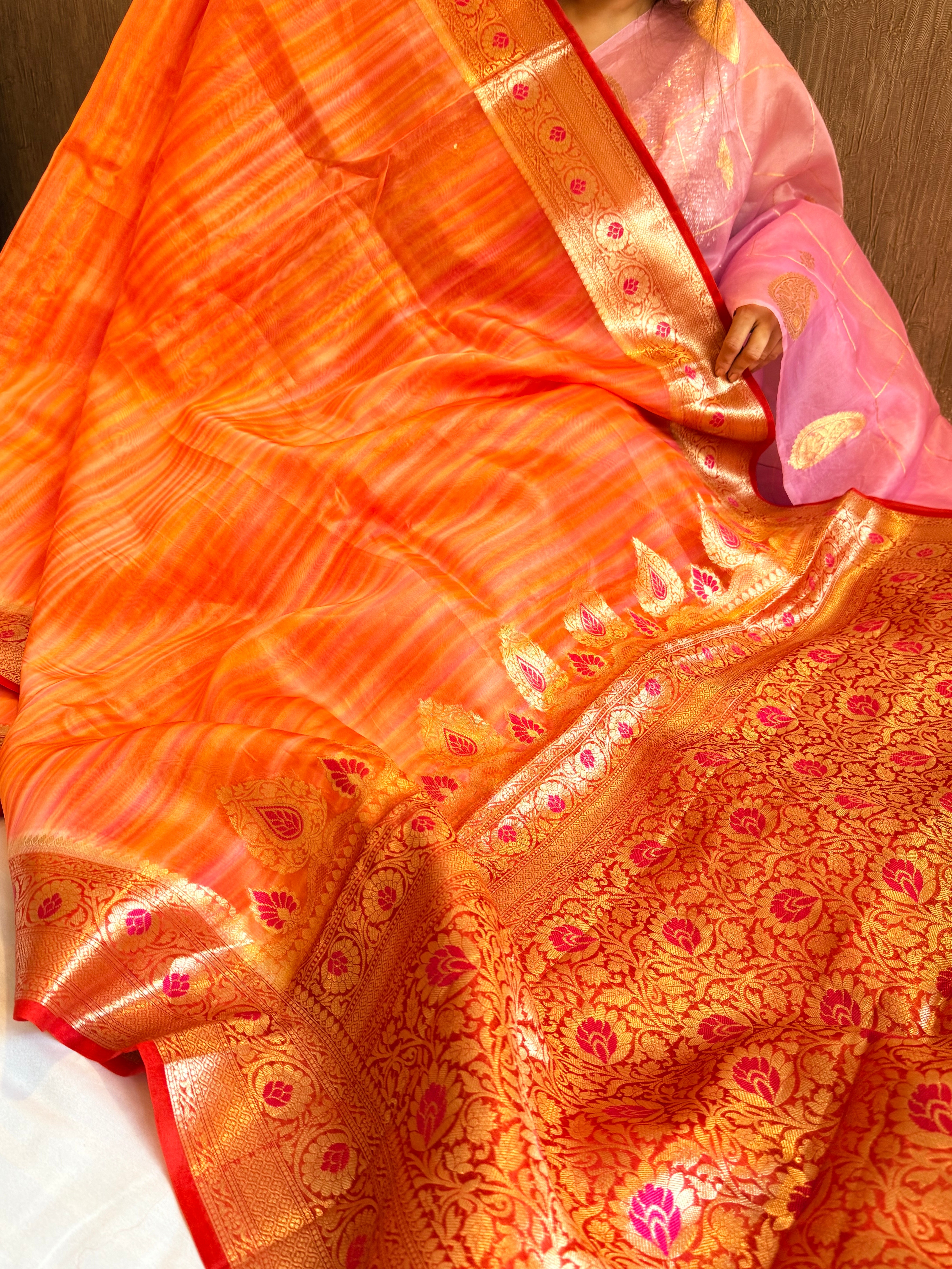 Peachy orange rainbow kora silk meenakari kadhwa saree