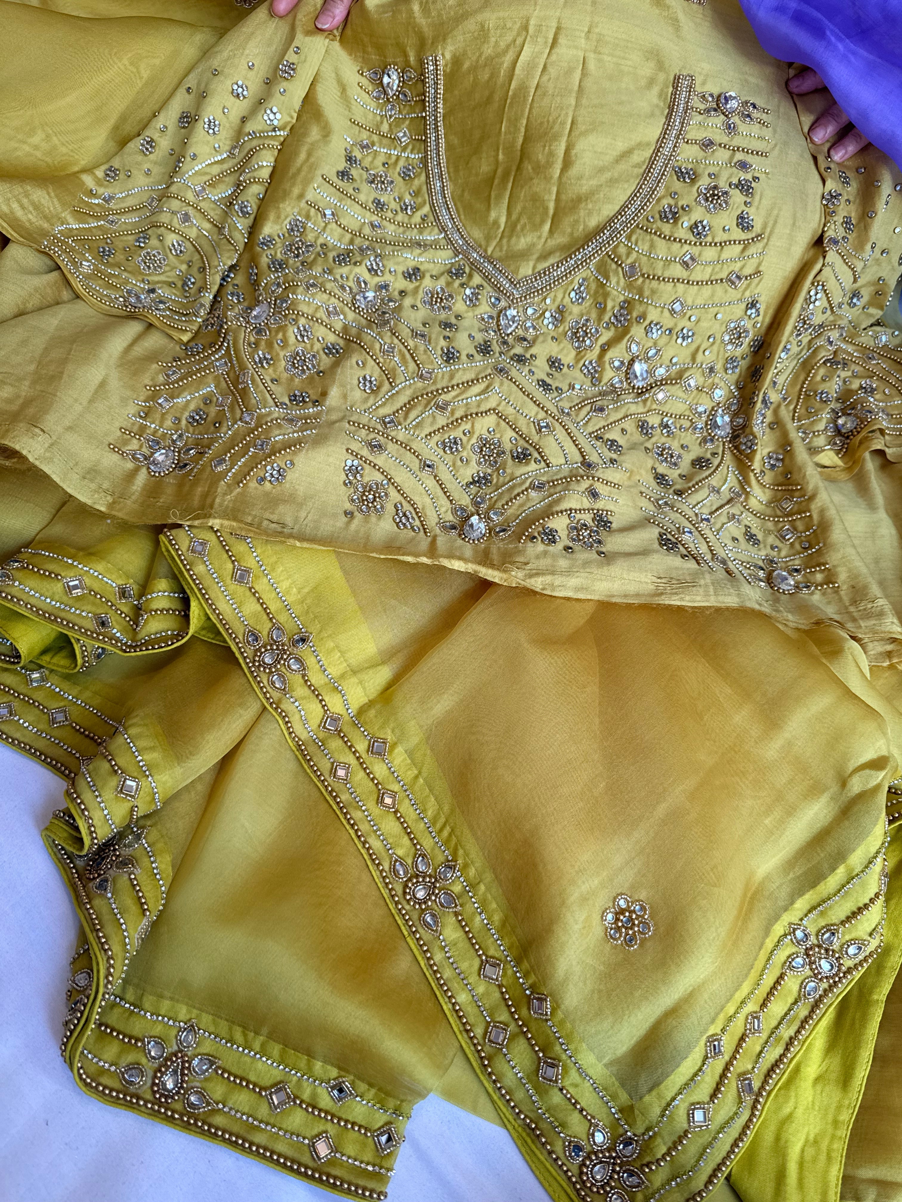 Banarasi lime green kora silk polki hand embroidered kadhwa saree