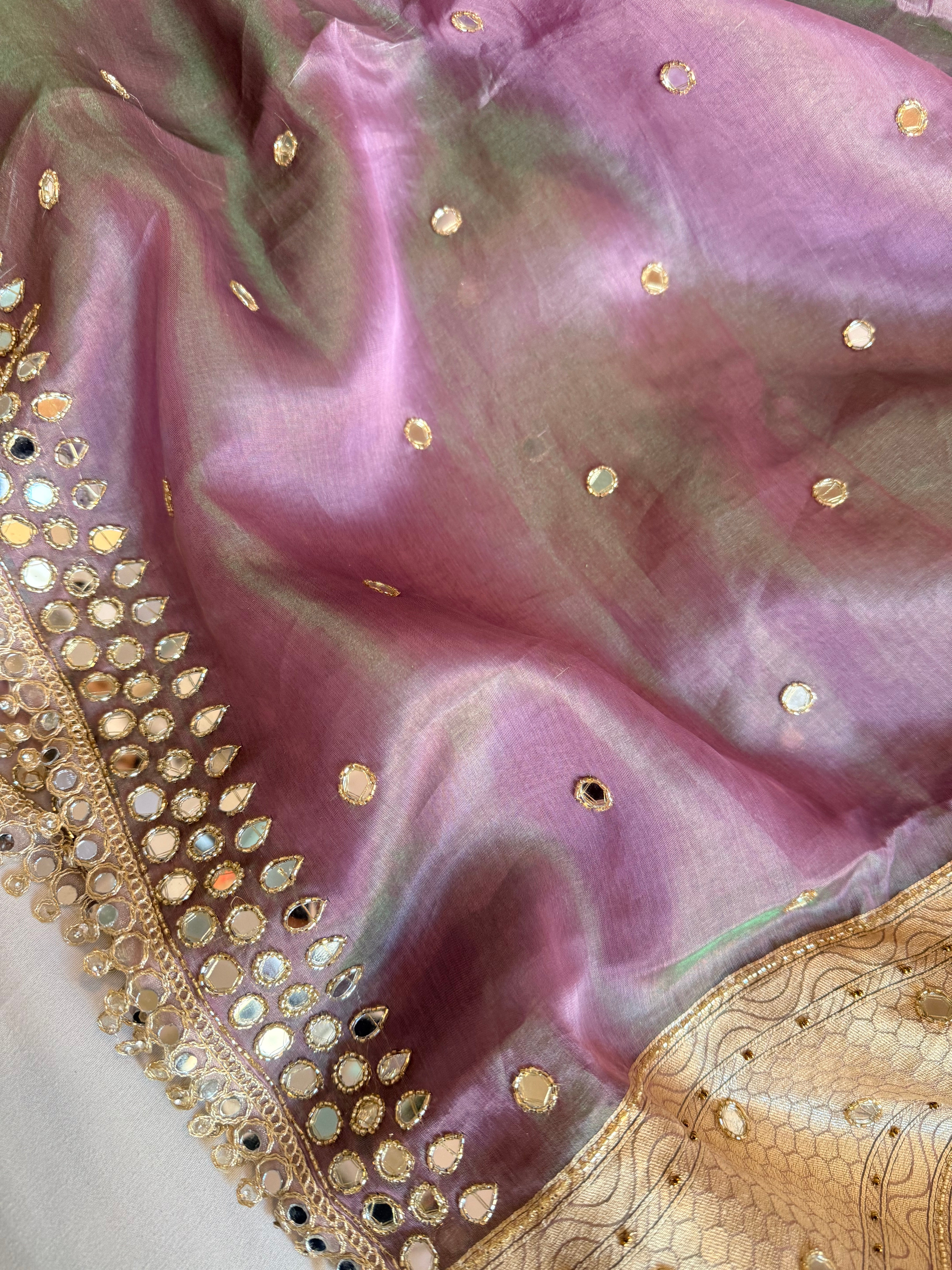 Dhup chao effect tissue silk mirrorwork hand embroidered Paithani pallu kadhwa saree