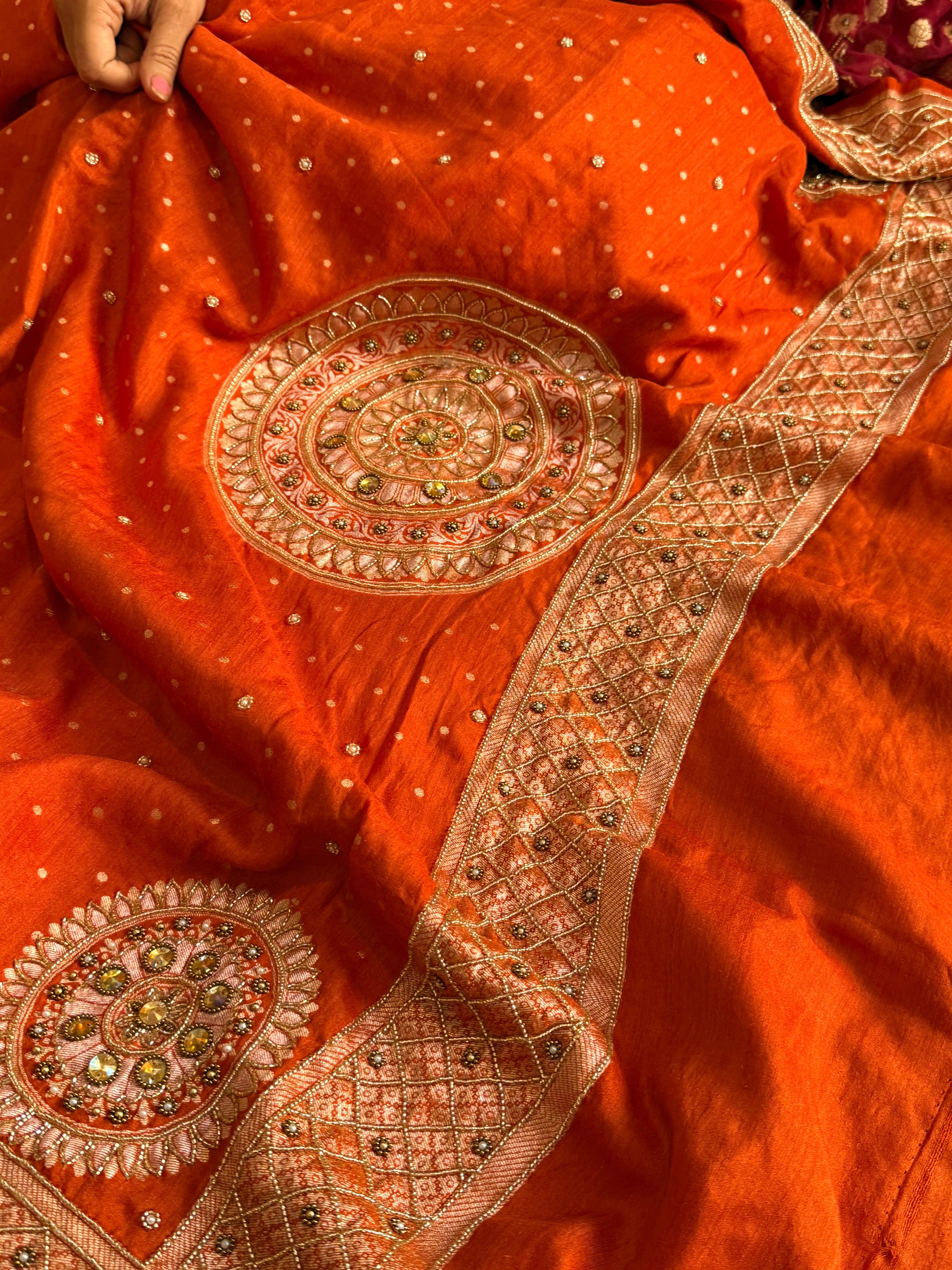 Banarasi fanta orange moonga silk hand embroidered kadhwa saree