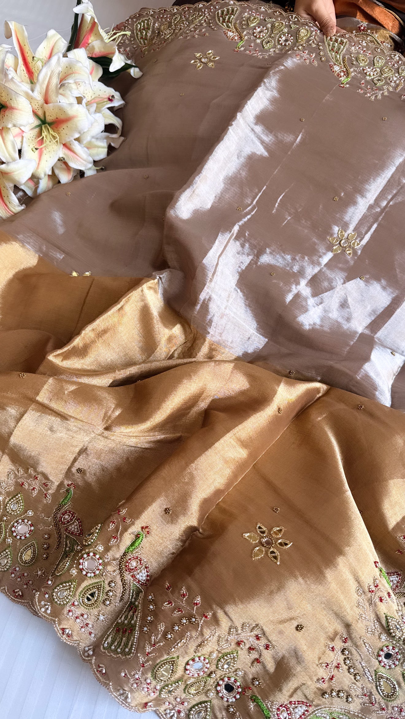 Kanjivaram banarasi tissue silk hand embroidered kadhwa saree with katan silk blouse