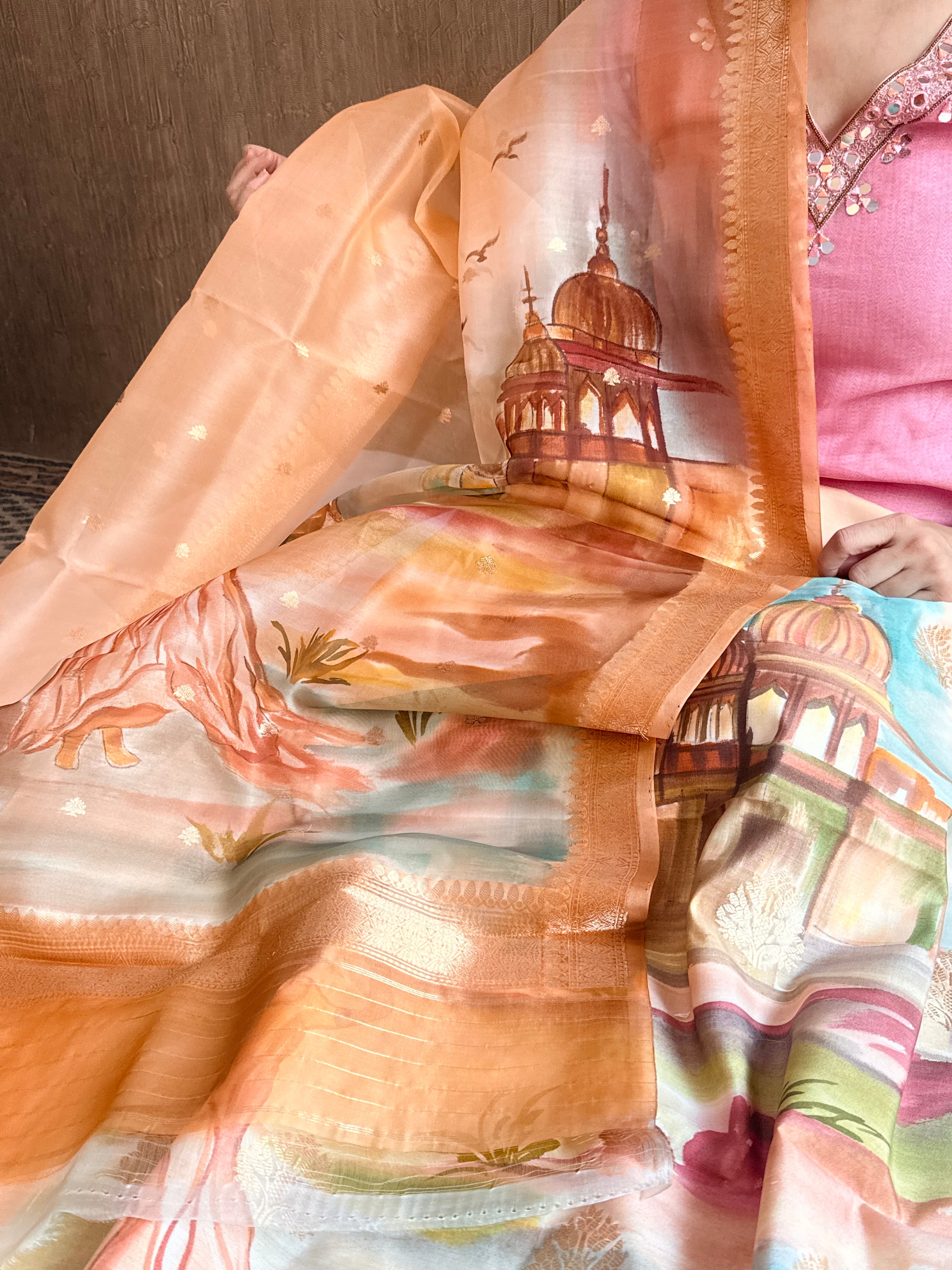 Banarasi kora silk handpainted ghatwork kadhwa buti rainbow dye suits