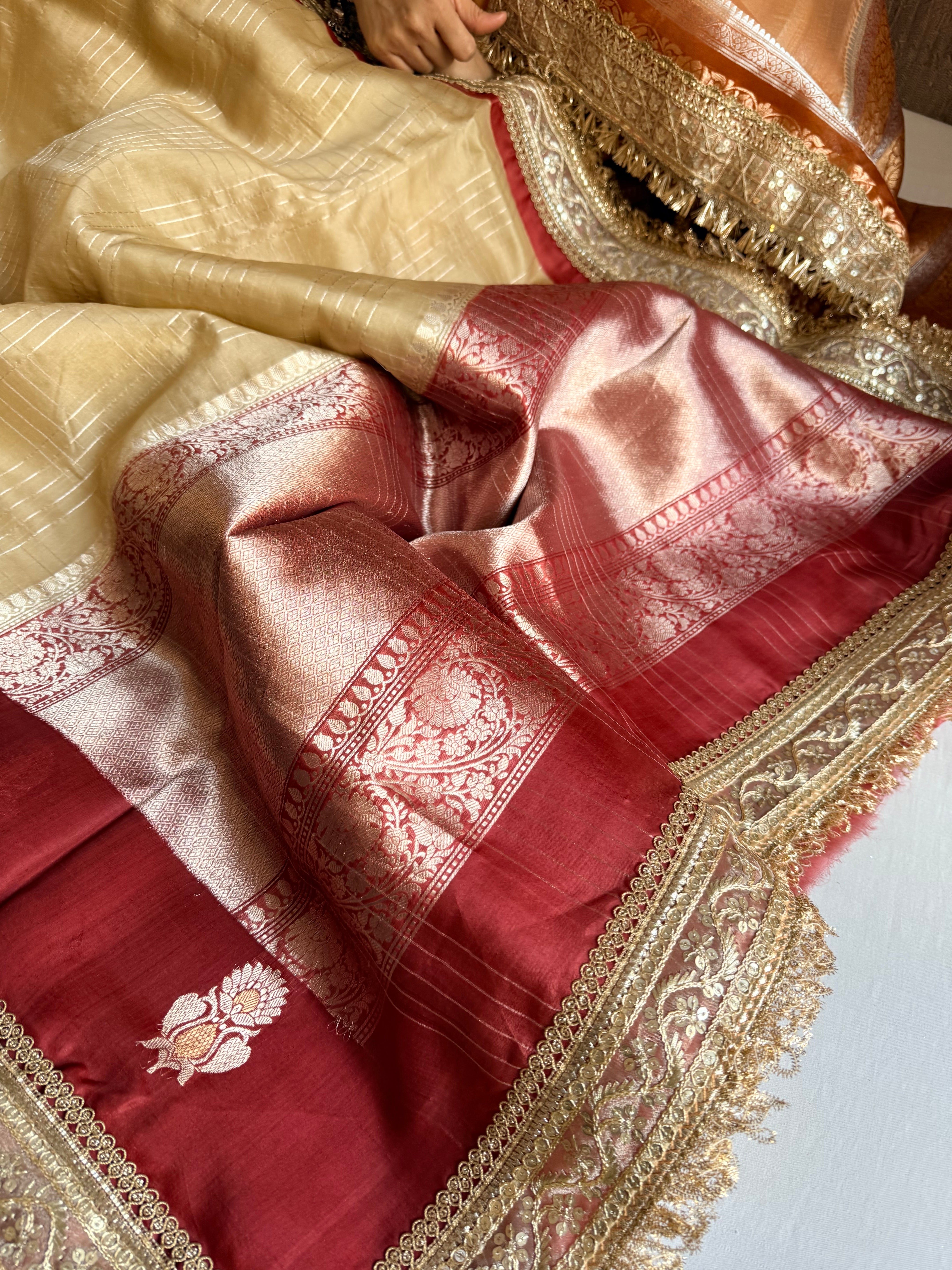 Banarasi leela soft gold-red kora silk kadhwa saree