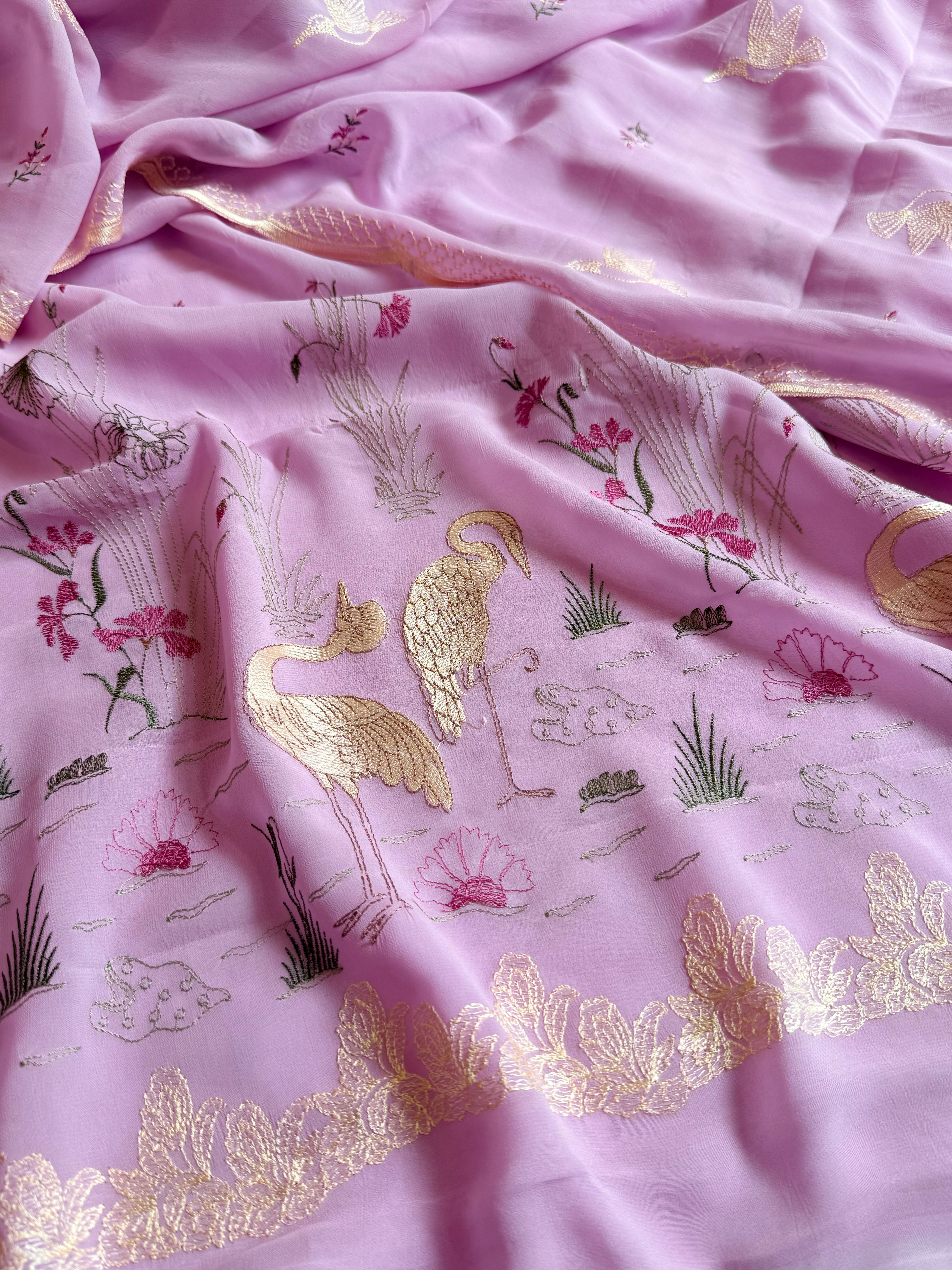 Chiffon gorgette blush lilac flamingo meenakari hand embroidered suit