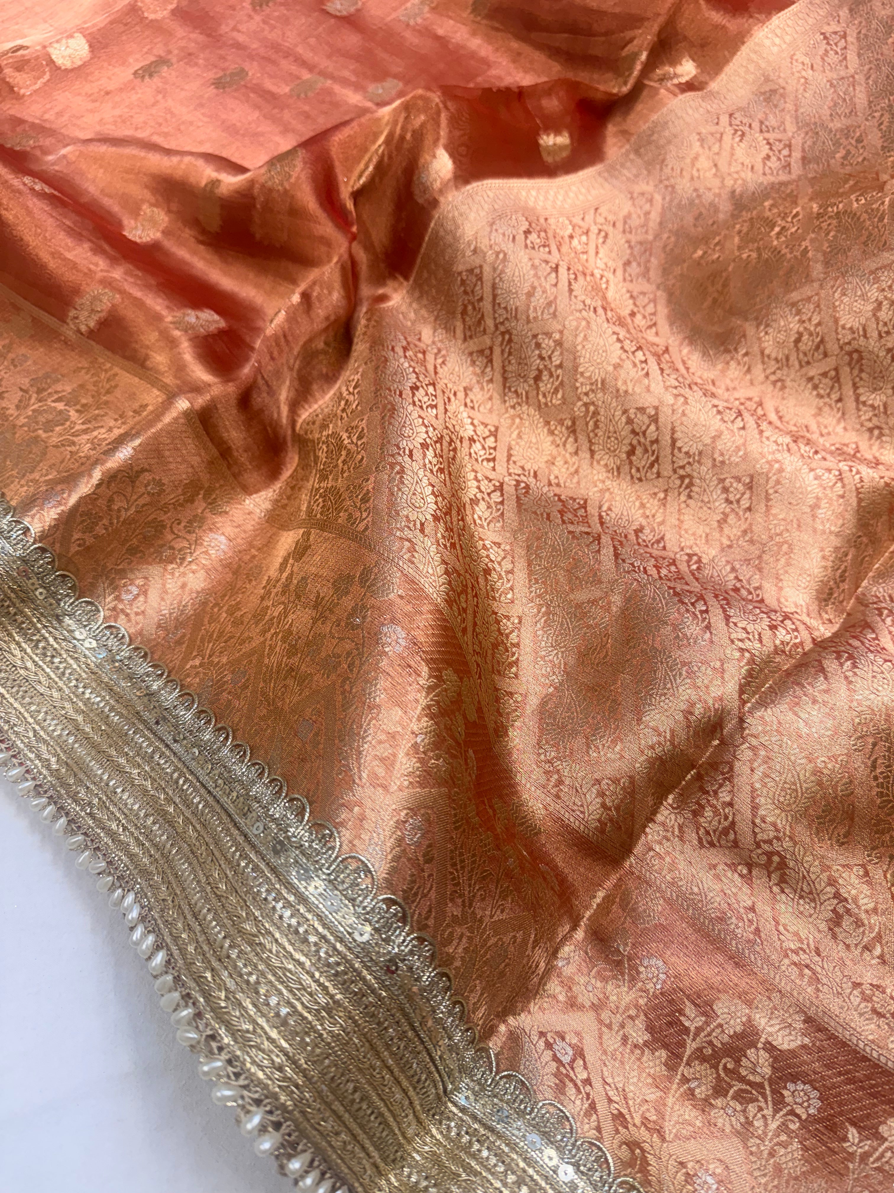 Rust red tissue silk kadhwa buti gotapatti saree
