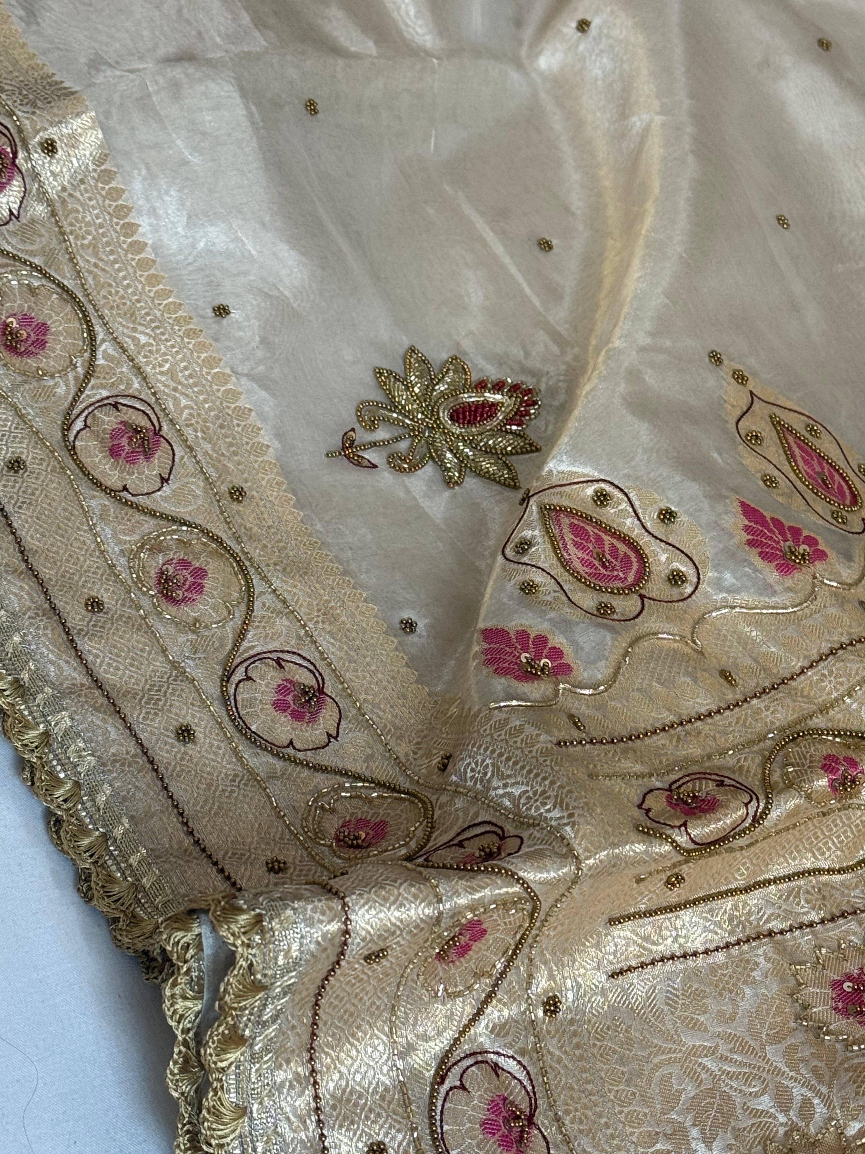 Moonlight silver diamond tissue pink meenakari kadhwa hand embroidered saree